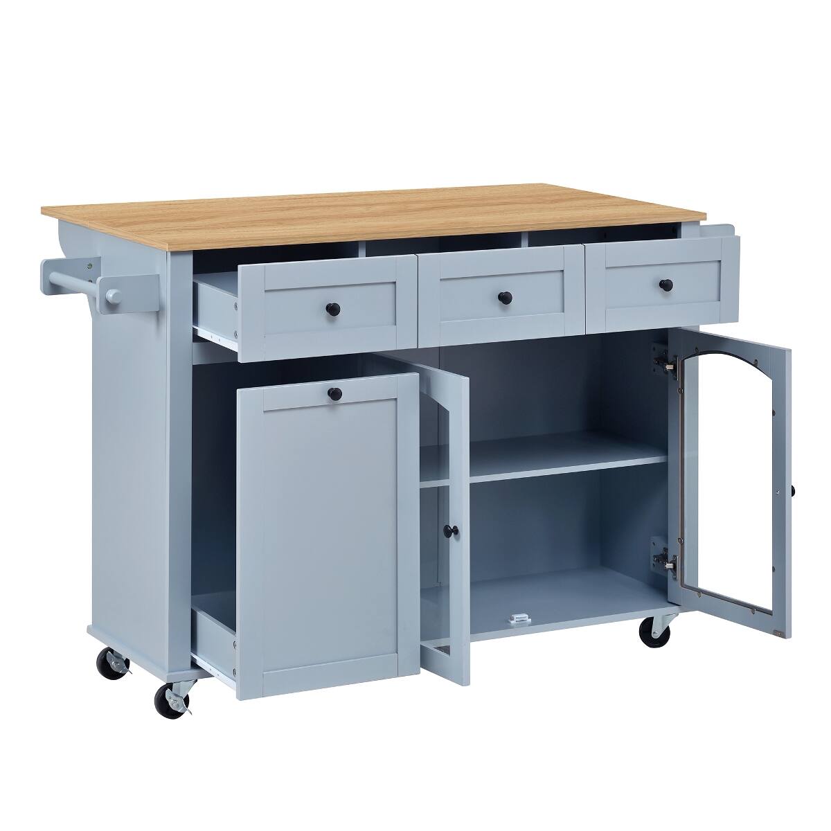 Alt View 6. Loheer - Loheer 54.2 inch mobile kitchen island rolling kitchen cart with trash bin cabinet blue gray kitchen prep table - Blue Gray.
