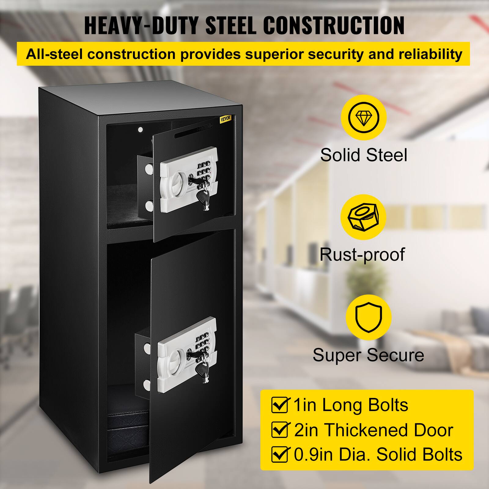 HEAVY-DUTY STEEL CONSTRUCTION All-steel construction provides superior security and reliability

VEVOR EP FPP Solid Steel Rust-proof Super Secure

1in Long Bolts
2in Thickened Door
0.9in Dia. Solid Bolts