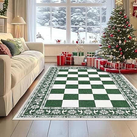 GARVEE - Area Rugs 4x6, Checkered Christmas Rugs for Holiday Decor, Non Slip Low Pile Washable Rug for Home - Green