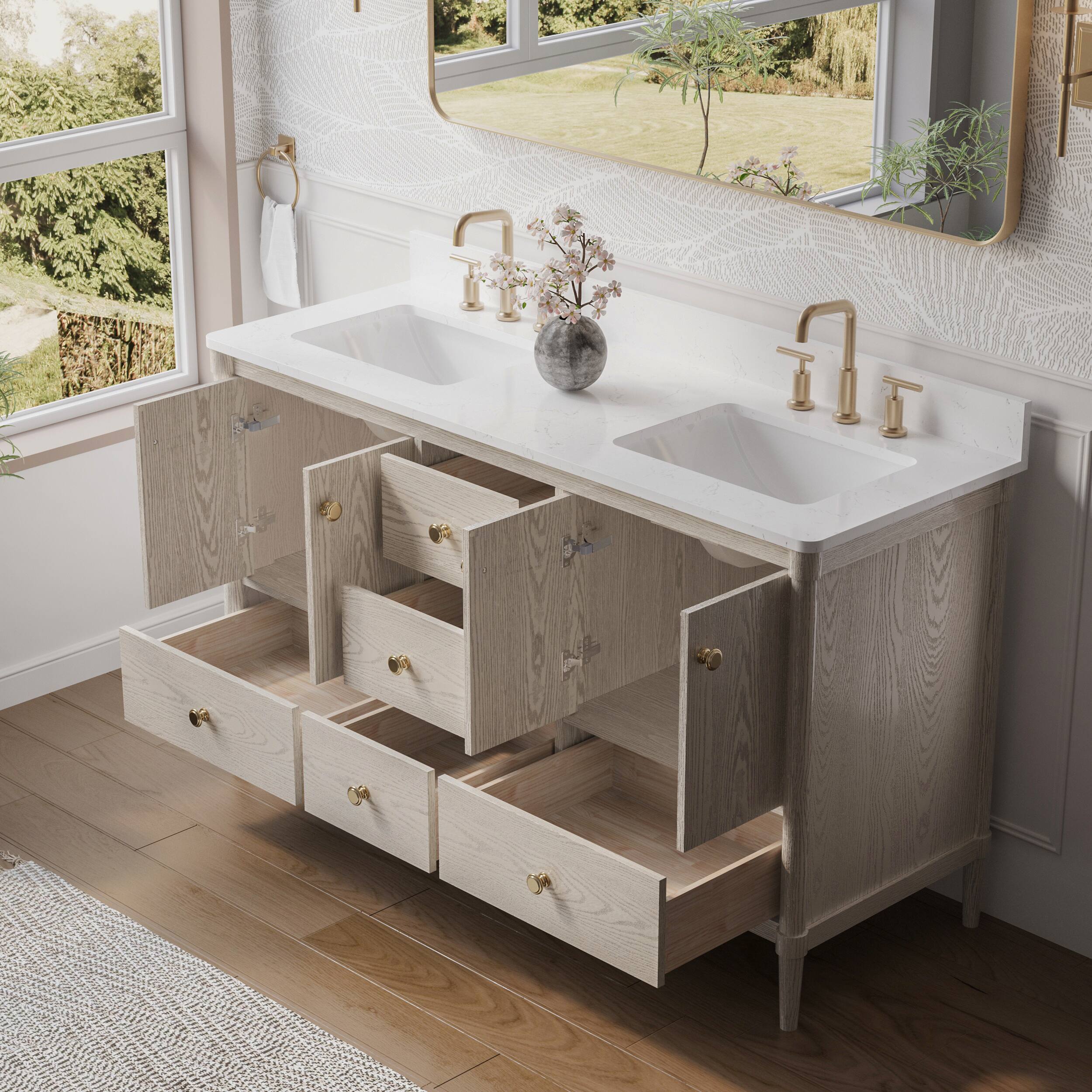 Left. WELLFOR - ETHAN 60 in. Solid Wood Bath Vanity with Quartz Top, Double Sink, Soft Close, Assembled - OAK.