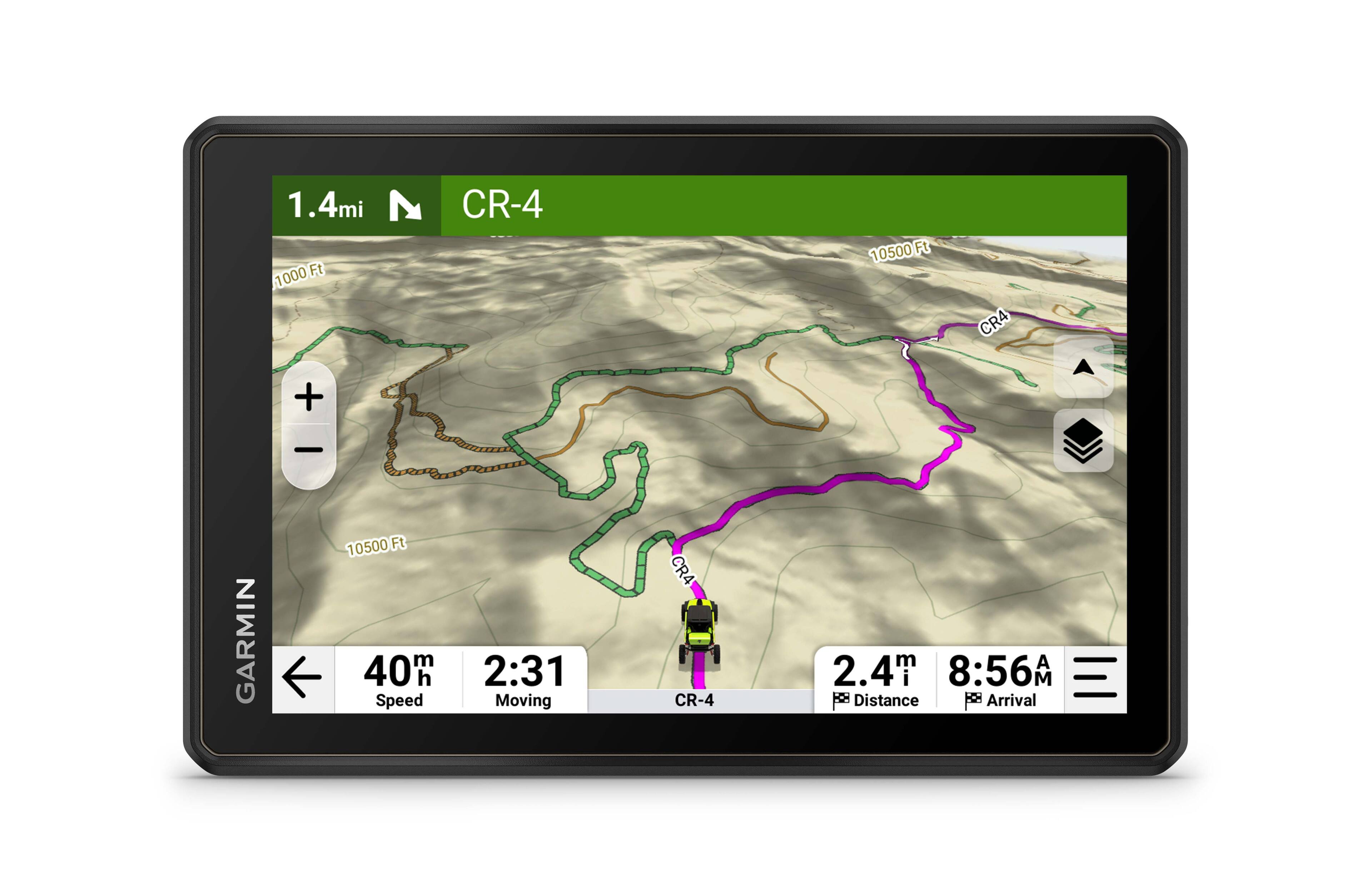 The text on the image is:

1.4mi 1000 Ft CR-4 10500 Ft CR4 +  GARMIN 10500 Ft m 40m h Speed 2:31 Moving CR4 CR-4 m A 2.4m i 8:56 M FH Distance RCH Arrival.

Corrected text:

1.4 mi 1000 Ft CR-4 10500 Ft CR4 +  GARMIN 10500 Ft m 40m/h Speed 2:31 Moving CR4 CR-4 m A 2.4 mi i 8:56 M FH Distance RCH Arrival.