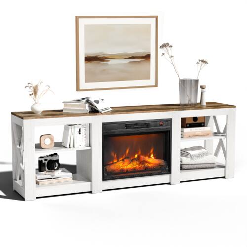 Alt View 7. Winado - Fireplace TV Stand Cabinet for up to 70" TVs, Farmhouse Entertainment Center with 23" Remoted Electric Fireplace Heater - White & Brawn wood.
