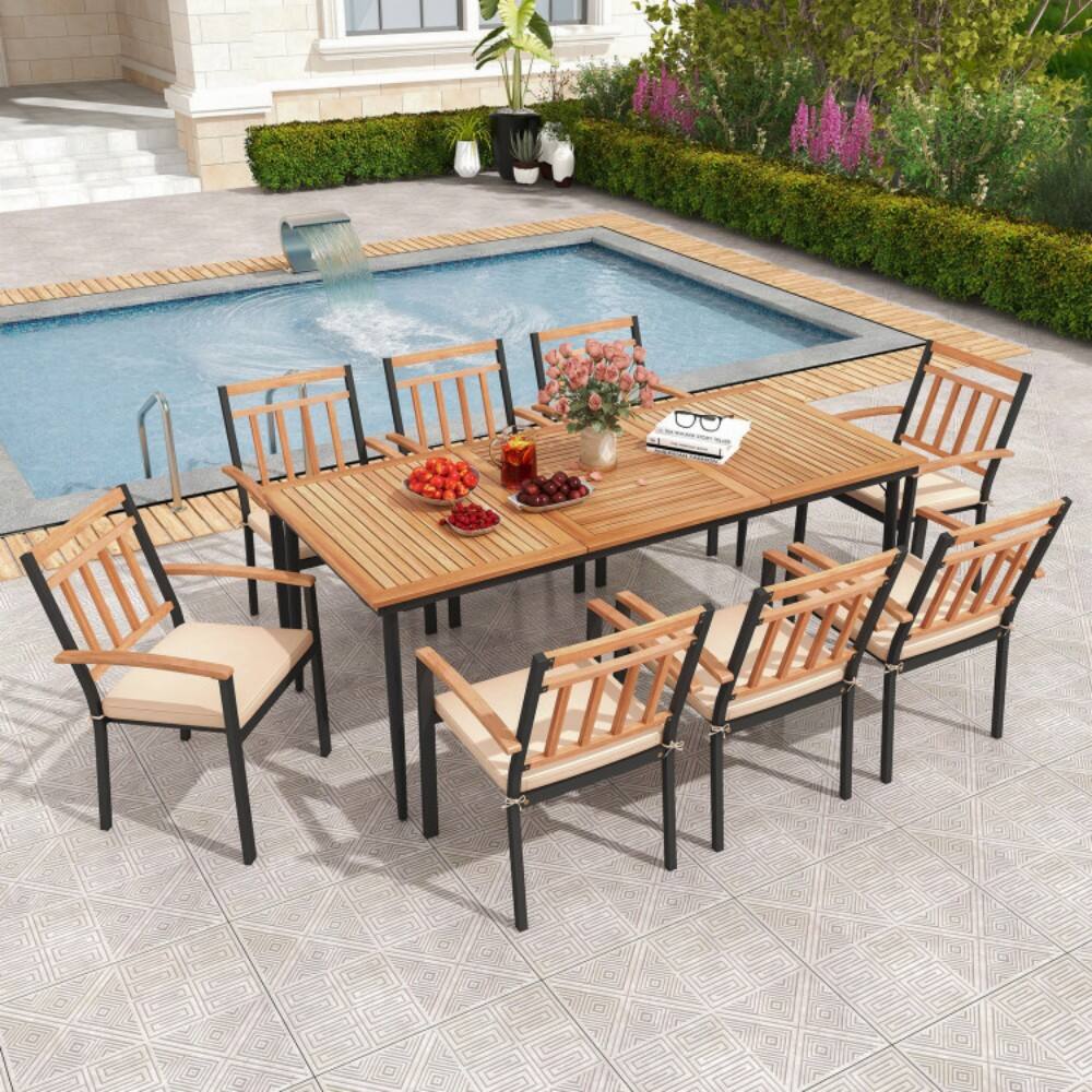 Angle. Mondawe - 9-Piece Patio Dining Set with 8 Wooden Armchairs - Natural and Black.