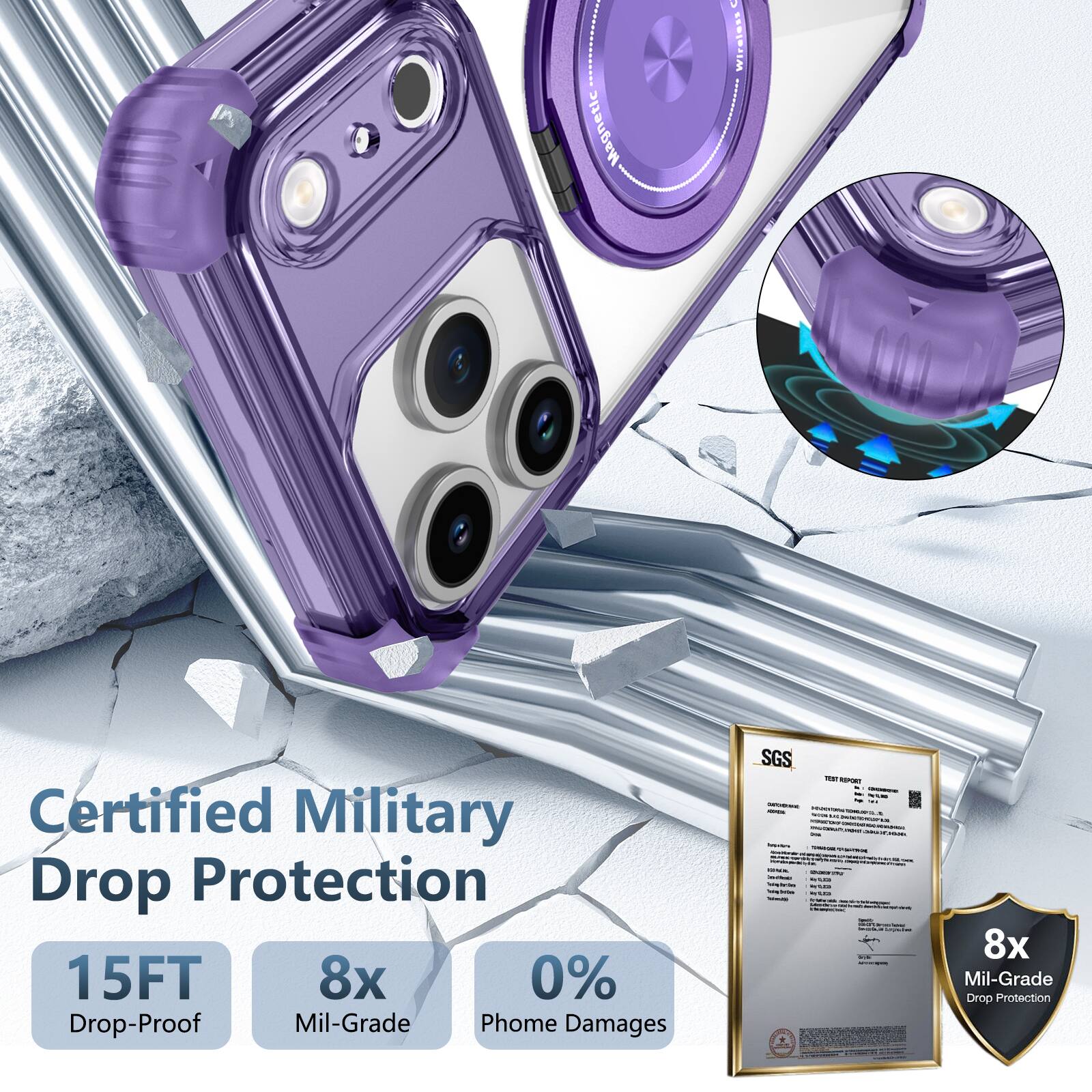 Magnetic Wireless Certified Military Drop Protection  
15FT 8x 0% Drop-Proof Mil-Grade Phone Damages  
SGS FeeT - 8x Mil-Grade Drop Protection