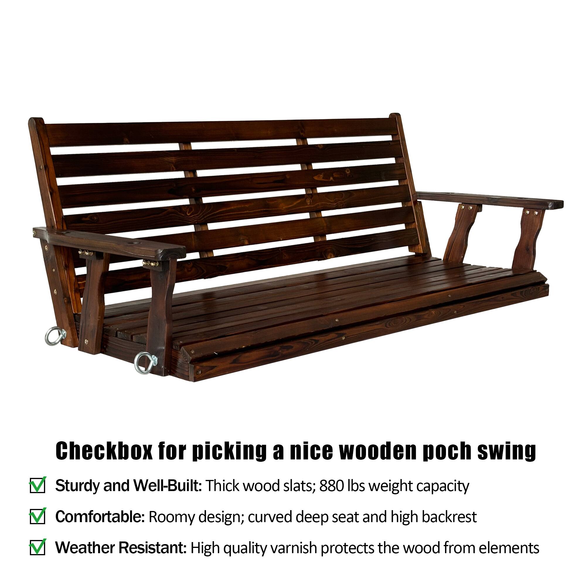 Checkbox for picking a nice wooden porch swing

- Sturdy and Well-Built: Thick wood slats; 880 lbs weight capacity
- Comfortable: Roomy design; curved deep seat and high backrest
- Weather Resistant: High quality varnish protects the wood from elements