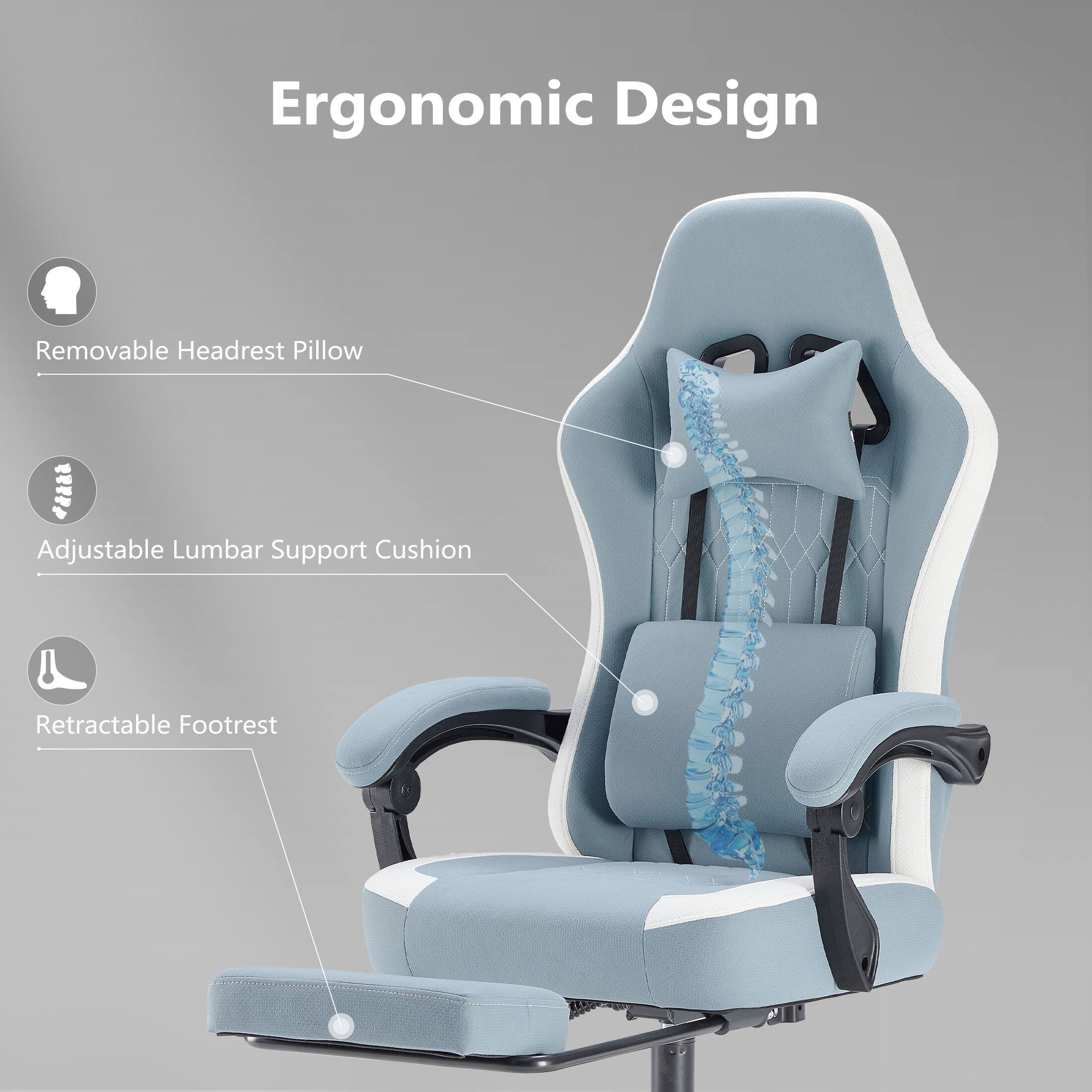 Ergonomic Design

- Removable Headrest Pillow
- Adjustable Lumbar Support Cushion
- Retractable Footrest