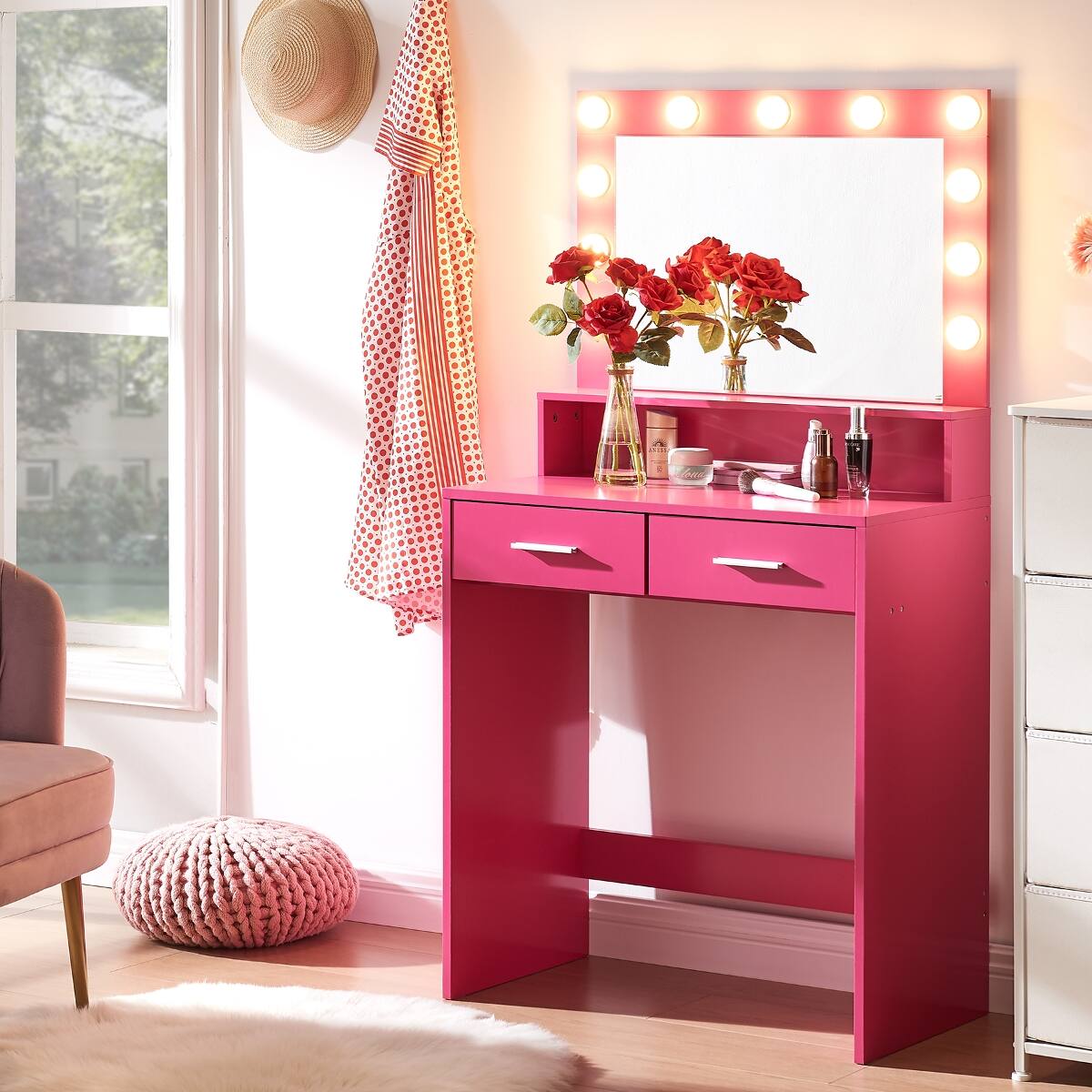 Left. Loheer - Loheer Vanity Desk with Mirror and Lights, Rose Pink, Three Lighting Modes - Rose Pink.