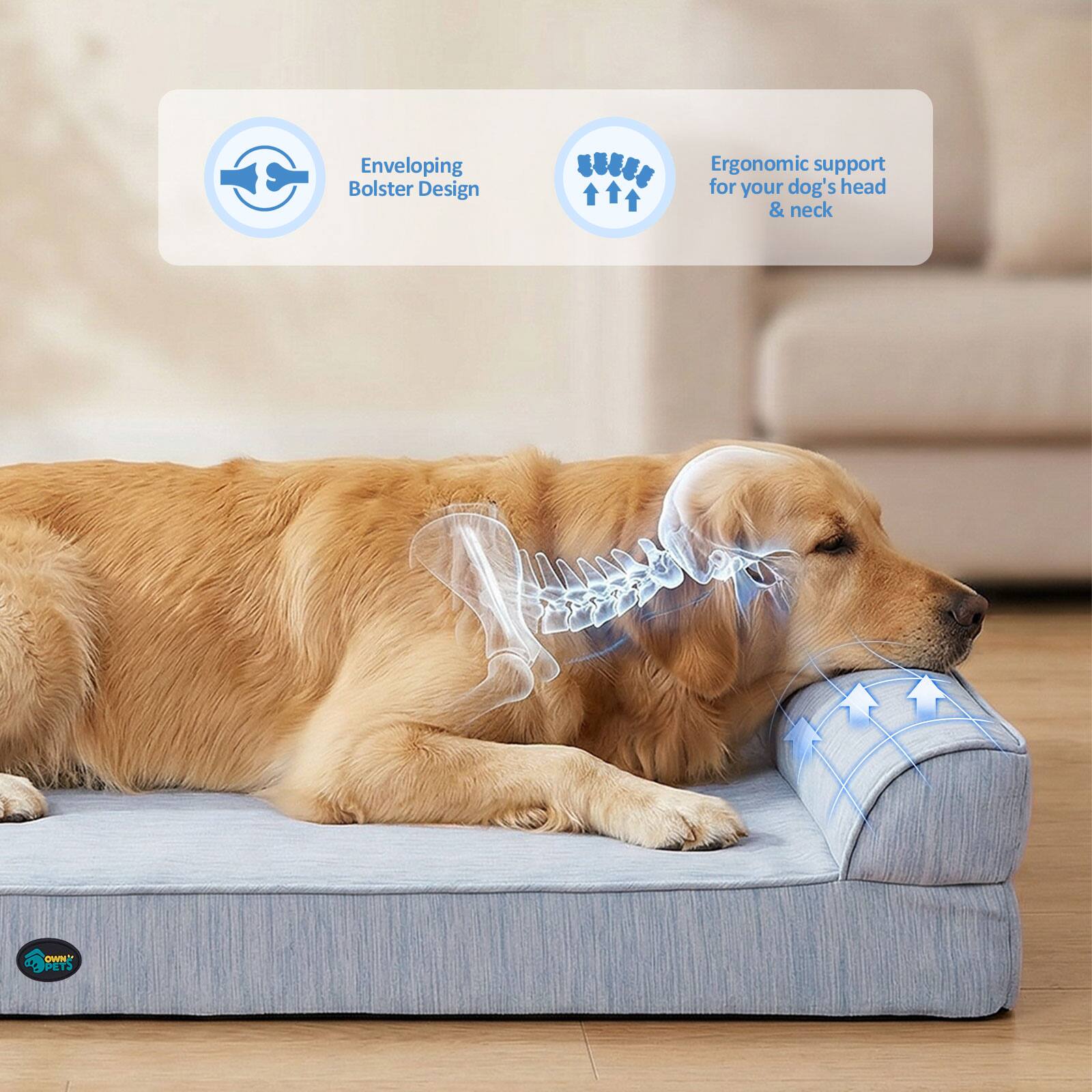 Enveloping Bolster Design  
Ergonomic support for your dog's head & neck  
OWN d PETS
