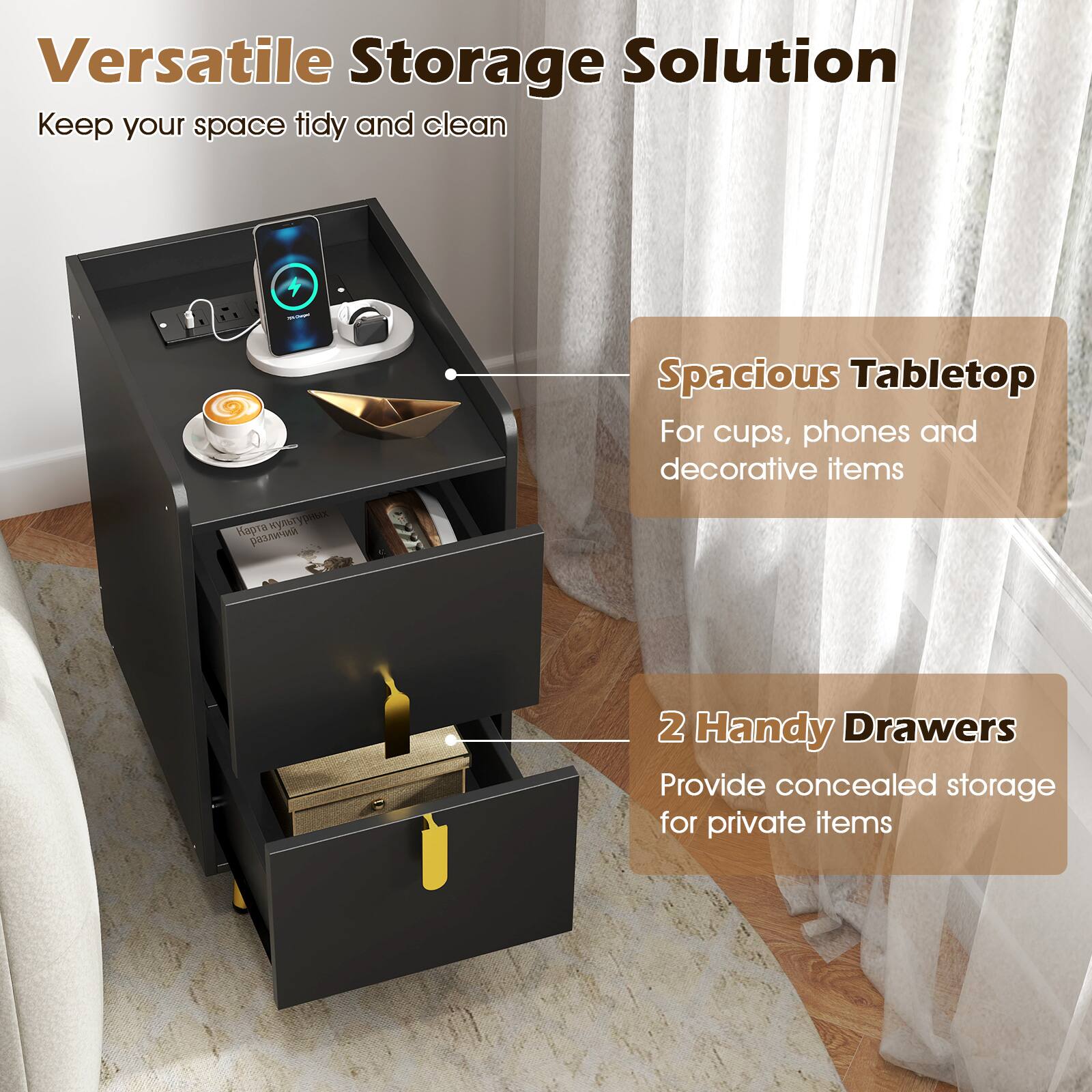 Versatile Storage Solution: Keep your space tidy and clean.

Spacious Tabletop: For cups, phones, and decorative items.

2 Handy Drawers: Provide concealed storage for private items.