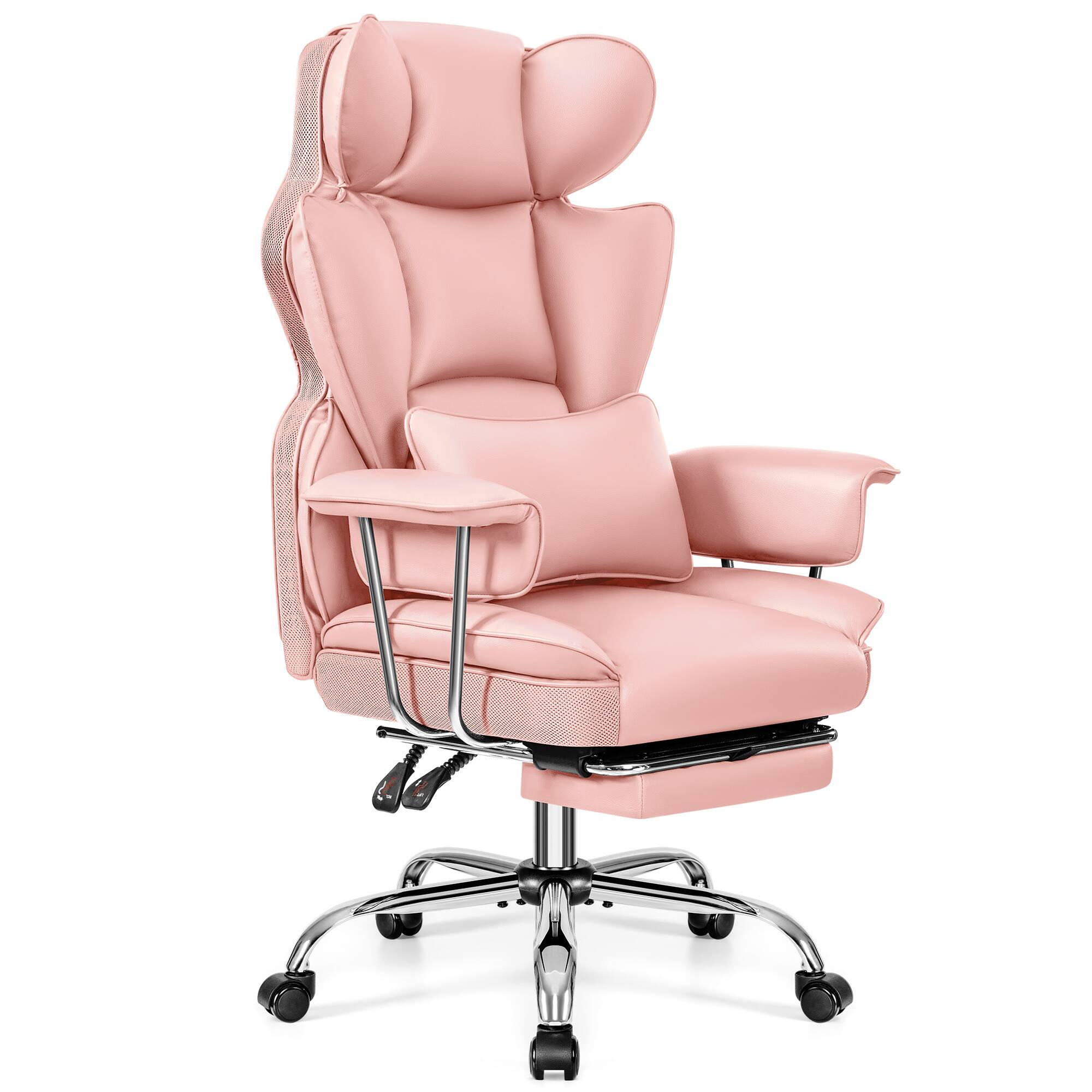 Angle. Brick Attic - 500LBS Big & Tall Office Chair, Leather Gaming Chair with Footrest, Adjustable Height & Lumbar Support - Pink.