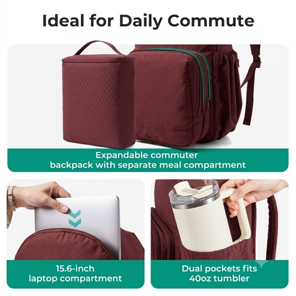 Ideal for Daily Commute

Expandable commuter backpack with separate meal compartment

15.6-inch laptop compartment

Dual pockets fits 40oz tumbler