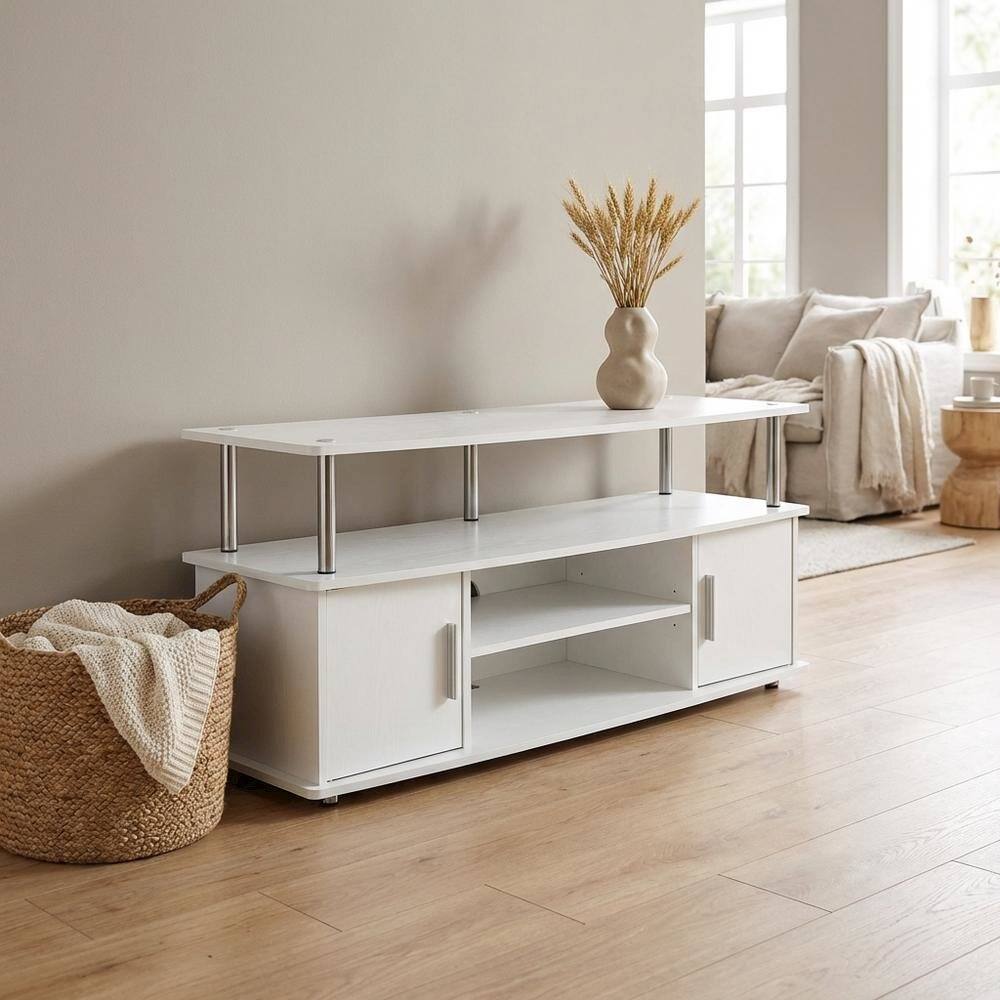 Alt View 2. FurniFact - White modern TV stand with cabinets and shelves for 55-inch TVs - White.