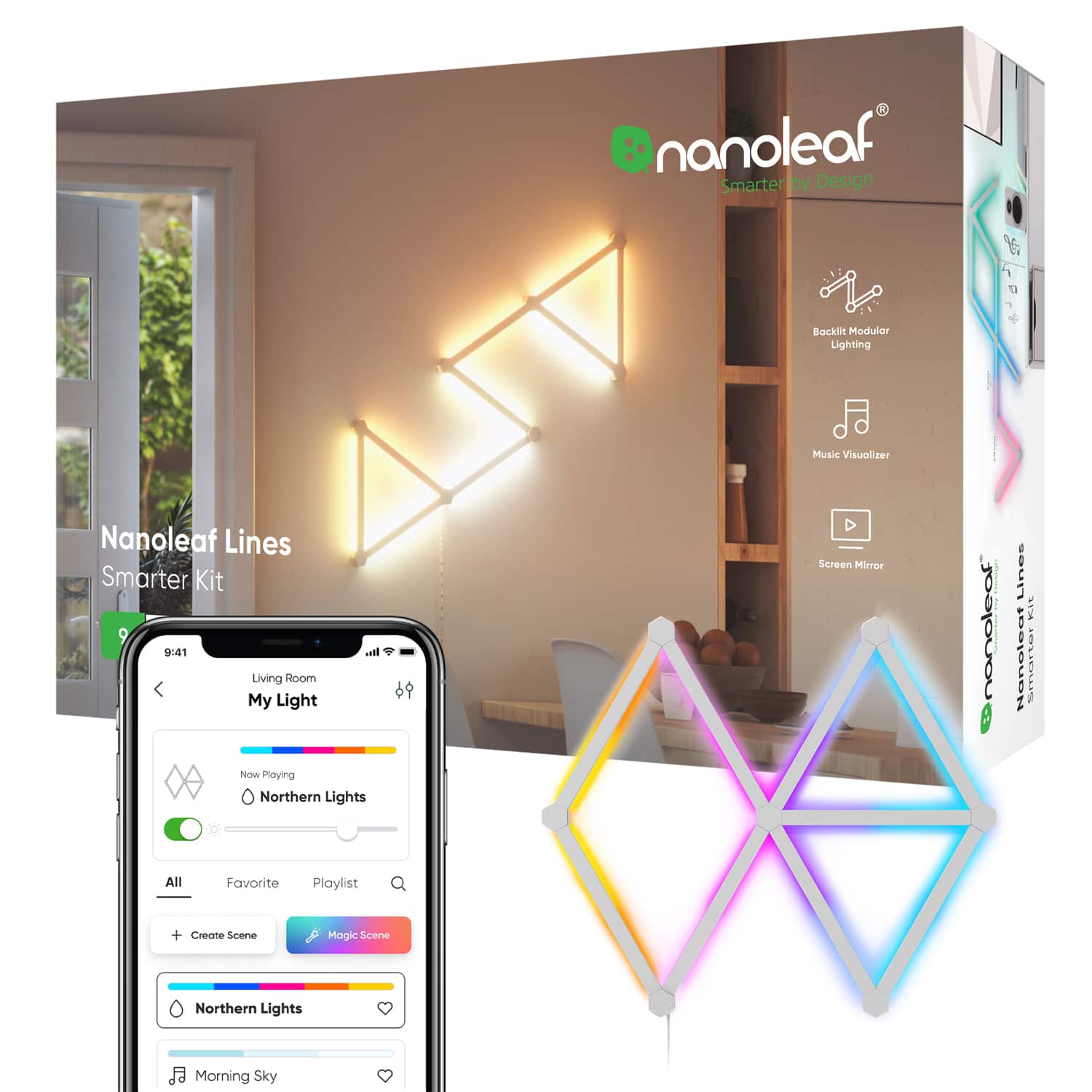 nanoleaf Smarter by Design 1 Beckin Modular Lighting Music Vaualizer Nanoleaf Lines Smarter Kit 9 9:41 I Living Room My Light Now Playing Northern Lights Screen Mirror | nanoleaf | Lines Kit Nanoleaf All Favorite Playlist + Create Scene Magic Scene Northern Lights Morning Sky