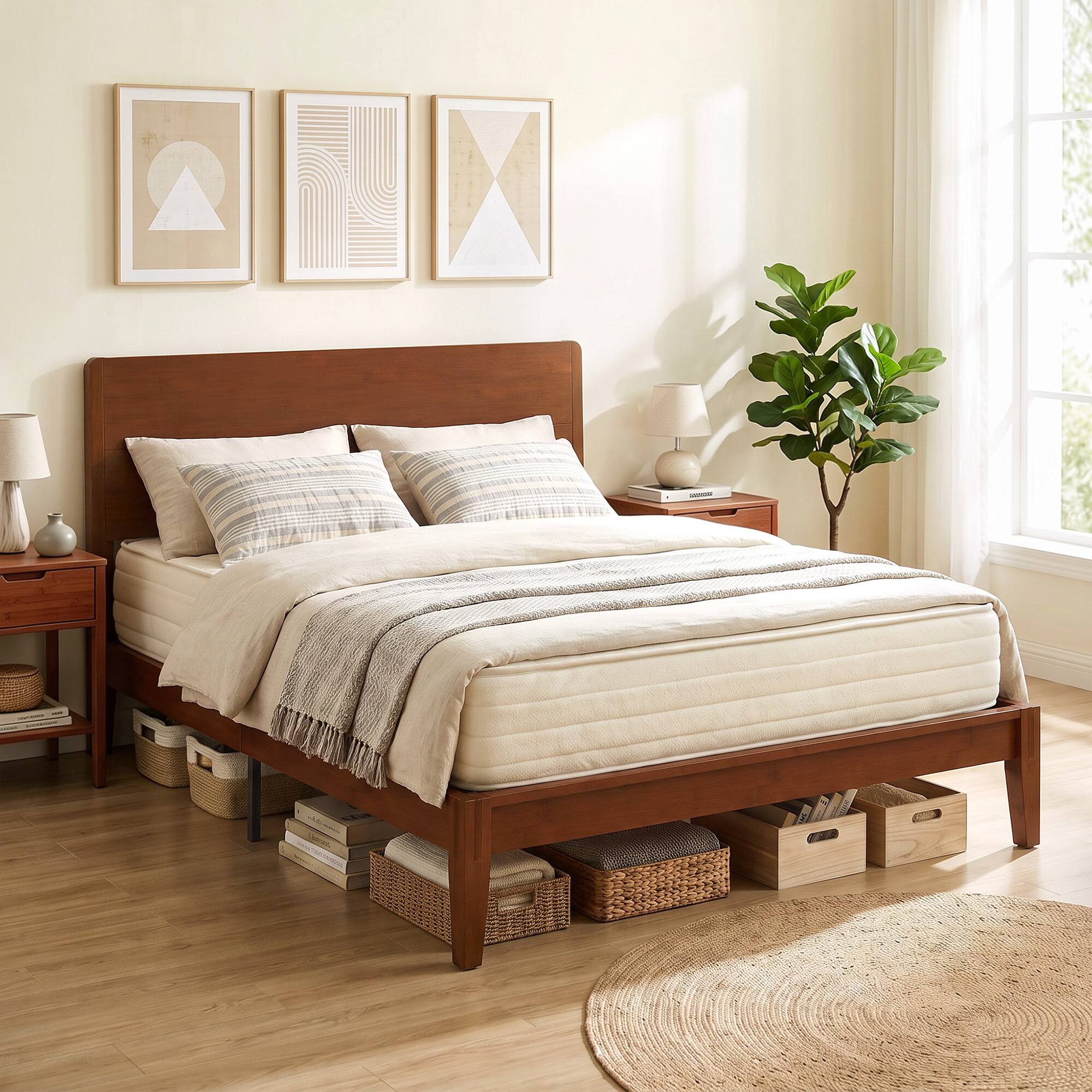 Alt View 1. Homcom - Size Bamboo Platform Bed Frame with Headboard and 12 Poplar Slats, No Box Spring Needed - Brown.