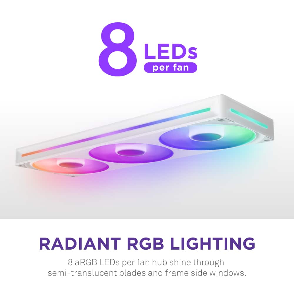 Radiant RGB Lighting: 8 aRGB LEDs per fan hub shine through semi-translucent blades and frame side windows.