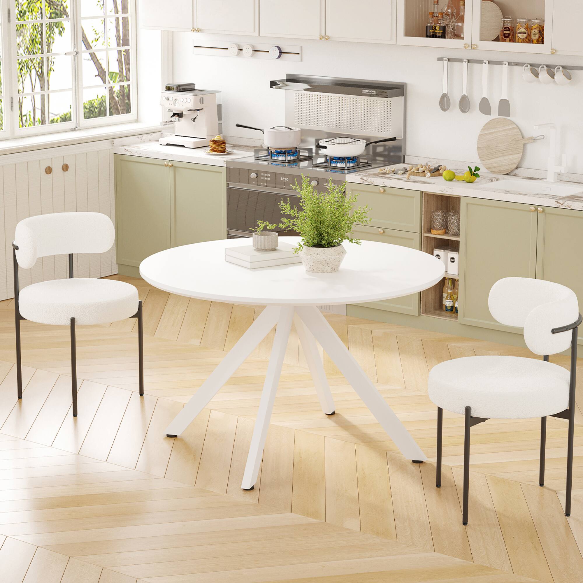 Angle. GOODSILO - Solid Wood Round Dining Table with X-Shaped Pedestal Base - Seats 4-6 People Comfortably - White.