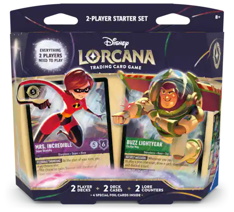 2-PLAYER STARTER SET
8+
Disney LORCANA TRADING CARD GAME
EVERYTHING 2 PLAYERS NEED TO PLAY
MRS. INCREDIBLE
Super Stretchy
Storyborn - Super Hero
5
6
FLEXIBLE THINKING
At the start of your turn, you may choose one:
- This character gains Evasive until the start of your next turn (Only once per turn).
BUZZ LIGHTYEAR
On the Way
Storyborn - Hero - Toy
SECRET MISSION
Whenever you play a non-character, draw a card, then choose and discard a card.
WORLD'S GREATEST TOY
2 PLAYER DECKS + 2 CASES + 2 COUNTERS
4 SPECIAL FOIL CARDS INSIDE