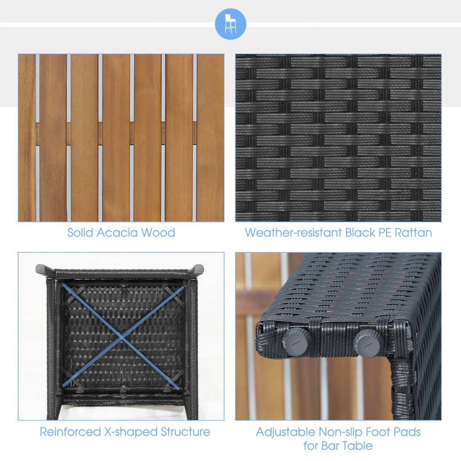 Solid Acacia Wood  
Weather-resistant Black PE Rattan  
Reinforced X-shaped Structure  
Adjustable Non-slip Foot Pads for Bar Table