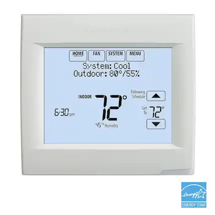 Honeywell Home HOME FAN SYSTEM MENU
System: Cool
Outdoor: 80°/55%
INDOOR 72°
6:30 pm
Following Schedule
45% Humidity
Set To 72°
ENERGY STAR