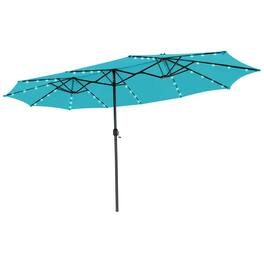 Costway - 15 FT Twin Patio Double-Sided Umbrella 48 Solar LED Lights Crank Outdoor - Turquoise