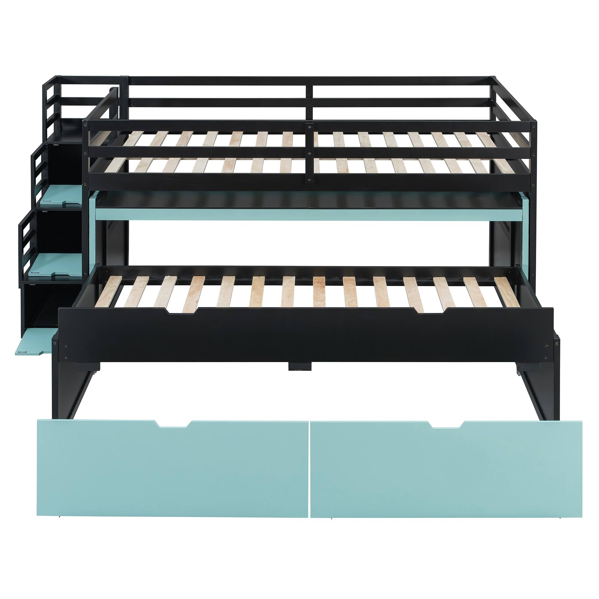 Alt View 2. Whisen - Gaming Loft Bed with Pull-Out Desk,Trundle and Storage Stairs,Multi-Functional Workstation Bed Frame - Black+Blue.