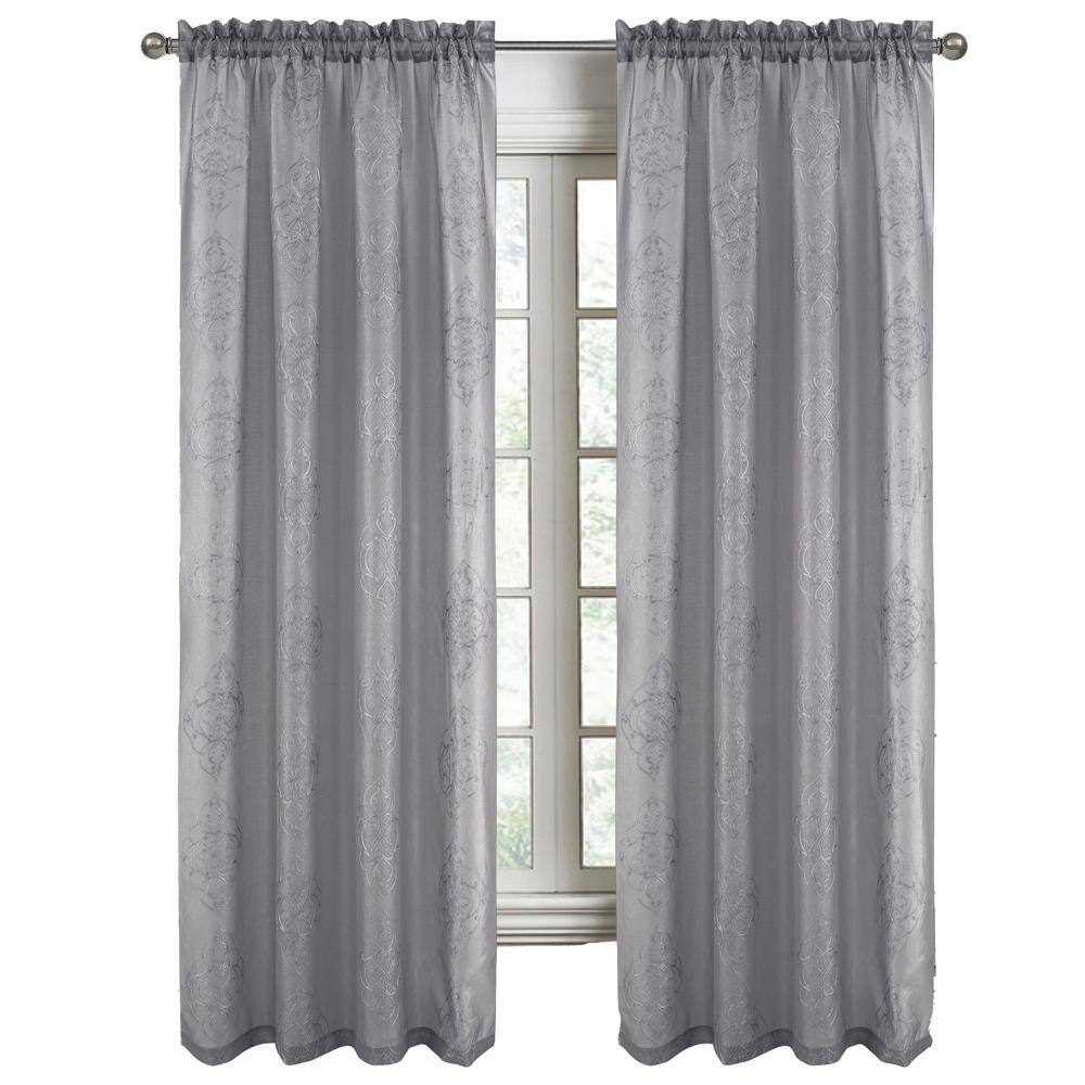 Front. RT Designers Collection - RT Designers Collection Andrea Emb Metallic Doily Rod Pocket Room Darkening Curtain Panels 54" x 95" Charcoal - Charcoal.