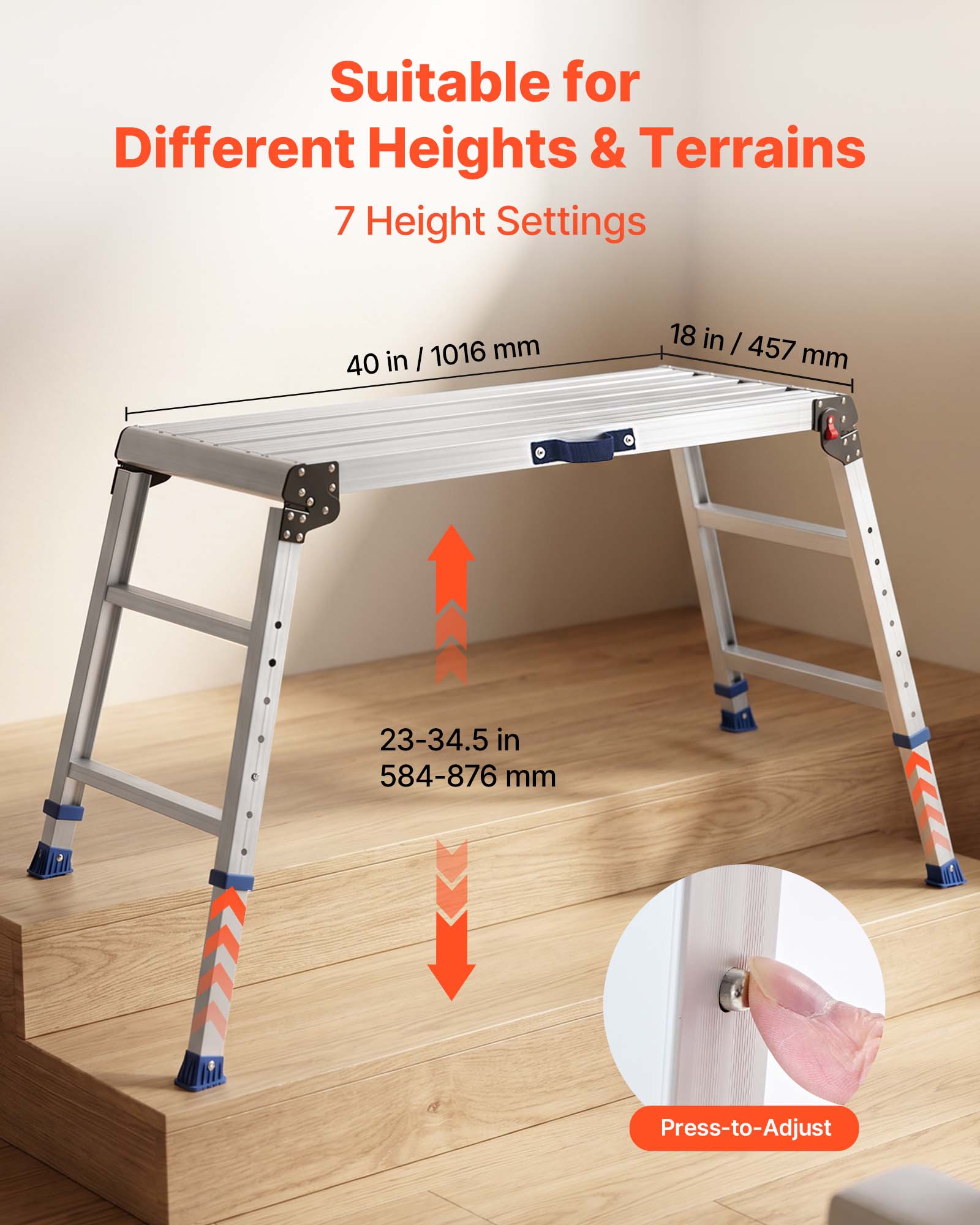 Suitable for Different Heights & Terrains  
7 Height Settings  
40 in / 1016 mm  
18 in / 457 mm  
23-34.5 in / 584-876 mm  
Press-to-Adjust