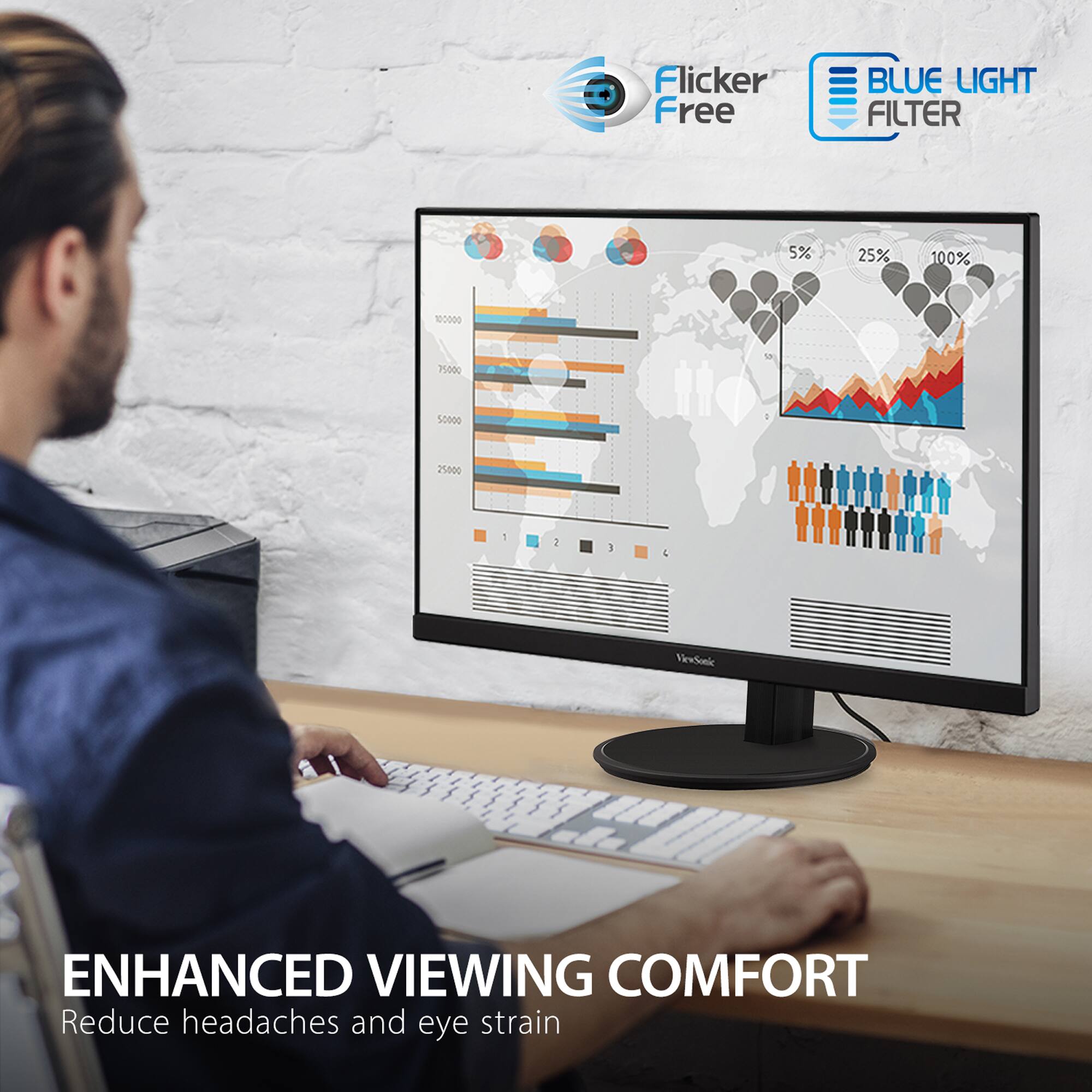 Flicker Free BLUE LIGHT FILTER Enhanced Viewing Comfort: Reduce headaches and eye strain.