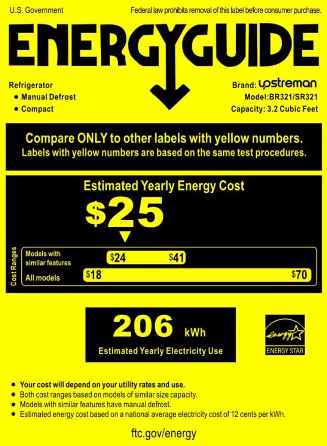 U.S. Government  
Federal law prohibits removal of this label before consumer purchase.

**ENERGYGUIDE**

Refrigerator  
- Manual Defrost  
- Compact

Brand: Upstremann  
Model: BR321/SR321  
Capacity: 3.2 Cubic Feet

Compare ONLY to other labels with yellow numbers.  
Labels with yellow numbers are based on the same test procedures.

**Estimated Yearly Energy Cost**  
$25  
- Models with similar features: $24  
- All models: $18  
- $41  
- $70

**206 kWh**  
Estimated Yearly Electricity Use

- Your cost will depend on your utility rates and use.  
- Both cost ranges based on models of similar size capacity.  
- Models with similar features have manual defrost.  
- Estimated energy cost based on a national average electricity cost of 12 cents per kWh.

ENERGY STAR

ftc.gov/energy