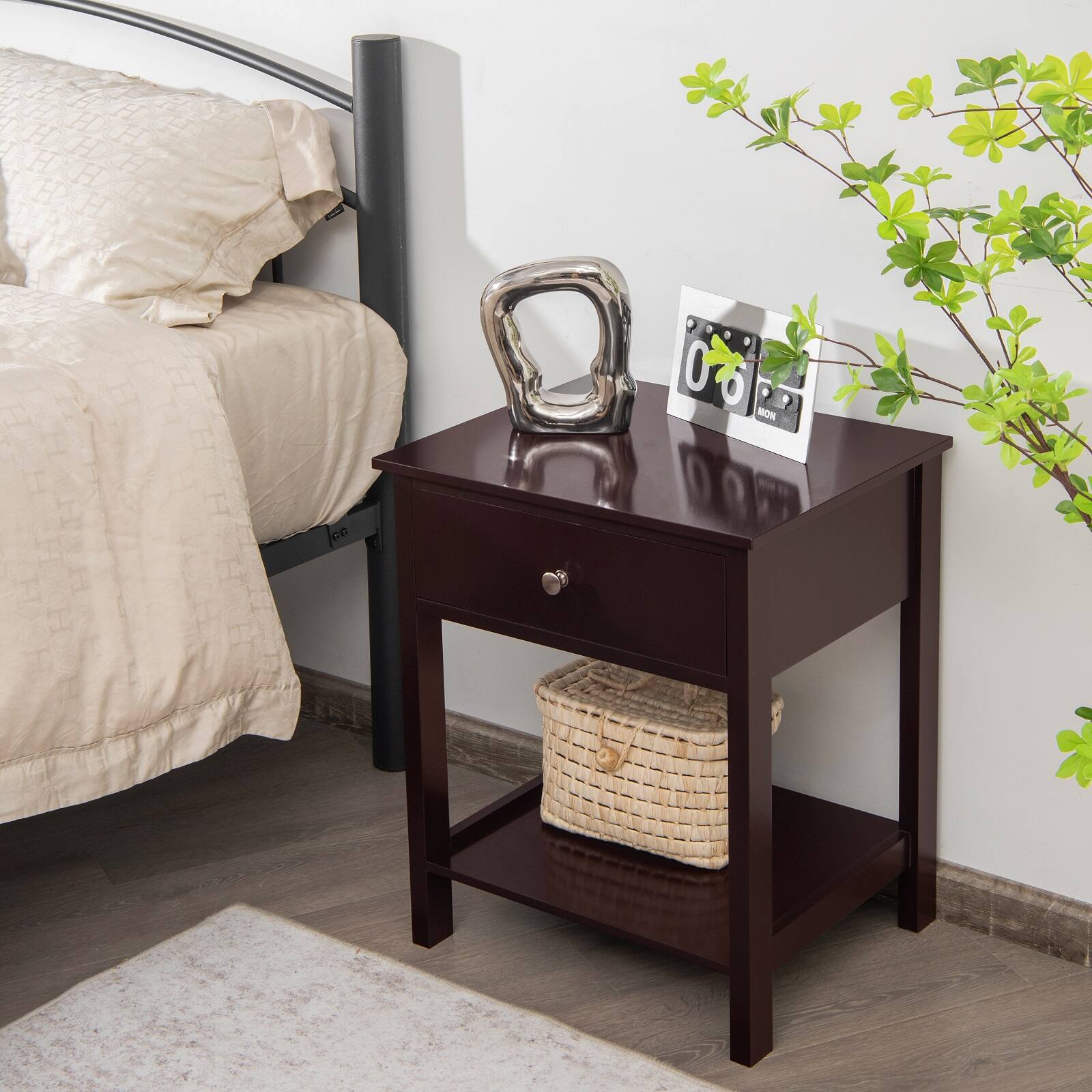Alt View 4. Costway - Costway Nightstand with Drawer Storage Shelf Wooden Bedside Sofa Side Table - Brown.