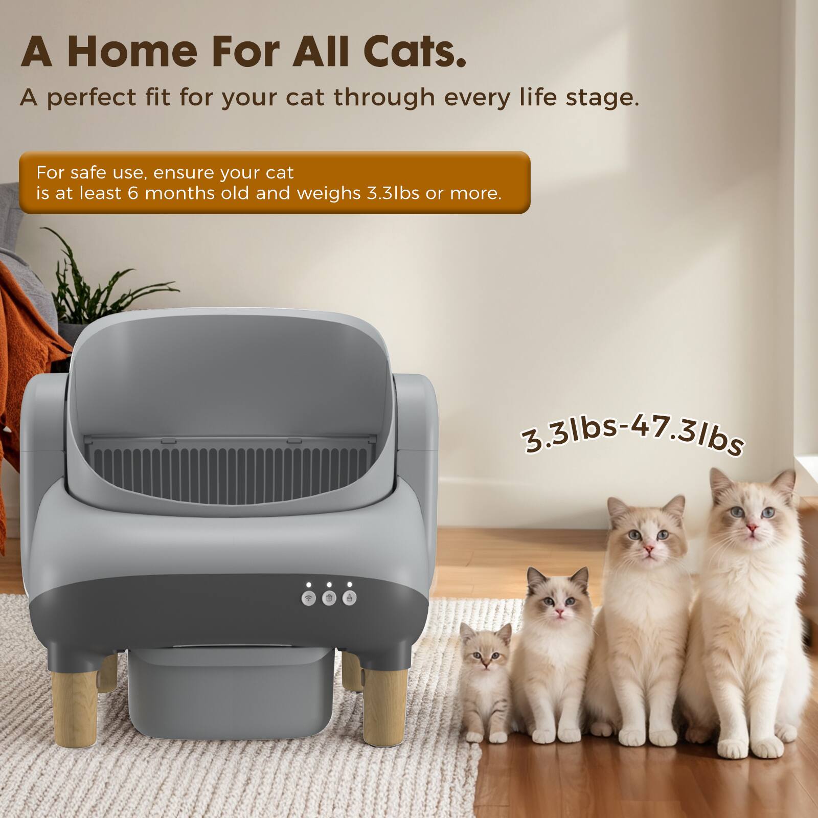 A Home For All Cats.  
A perfect fit for your cat through every life stage.  

For safe use, ensure your cat is at least 6 months old and weighs 3.3lbs or more.  

3.3lbs-47.3lbs