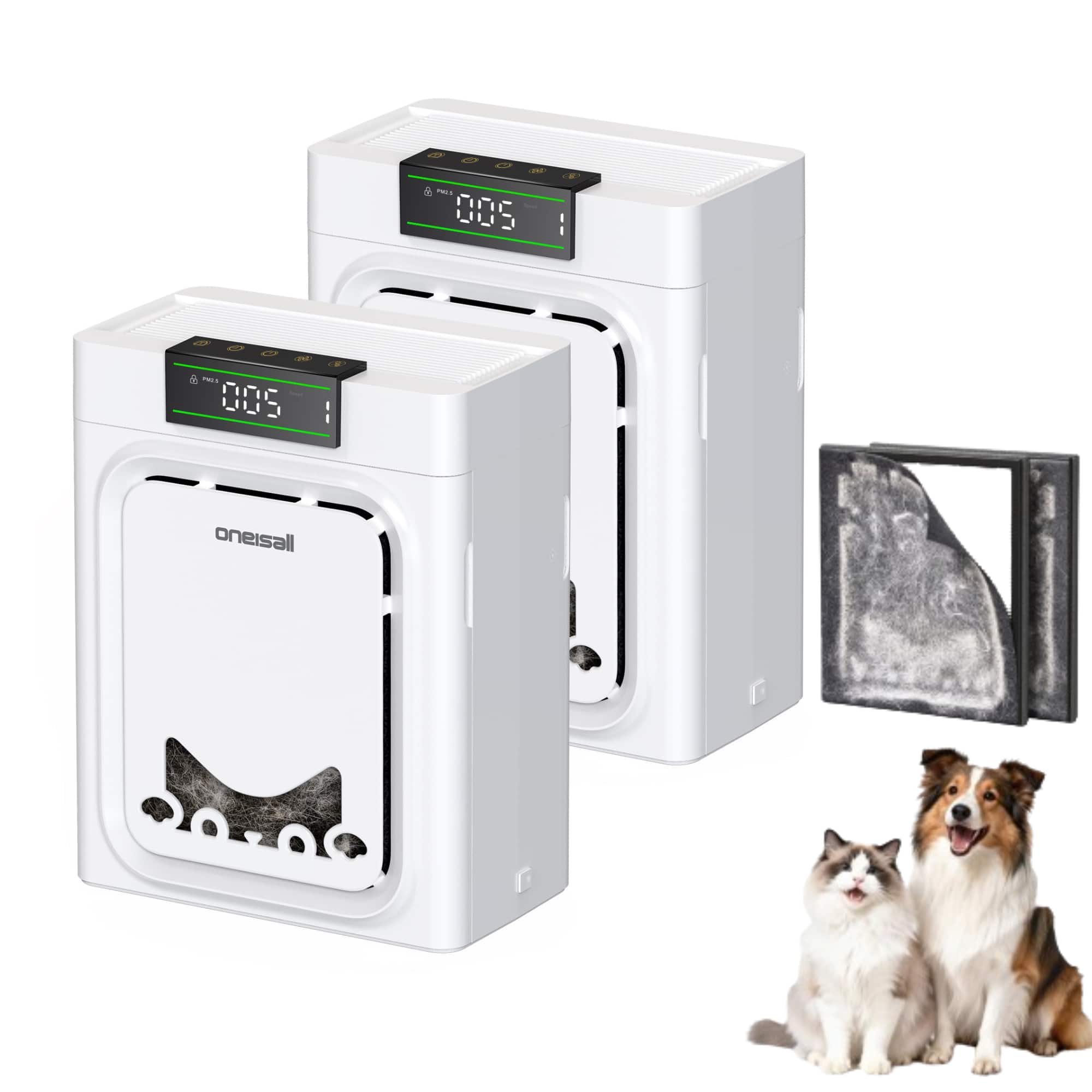 Oneisall - Hepa Pet Air Purifier Set: Washable Double Side Filter,Air Quality Auto Monitor,4 Speed & Timer,2200 Sq Ft Large Room - White