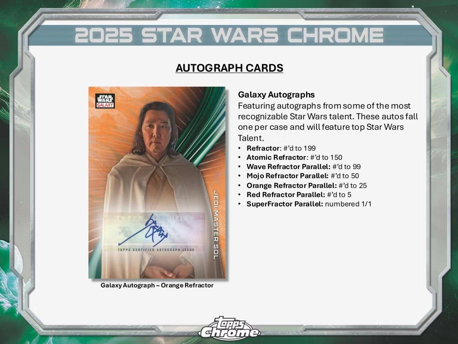 2025 STAR WARS CHROME AUTOGRAPH CARDS

STAR WARS GALAXY TOPPS CERTIFIED AUTOGRAPH ISSUE

JEDI MASTER SOL

Galaxy Autographs

Featuring autographs from some of the most recognizable Star Wars talent. These autos fall one per case and will feature top Star Wars Talent.

- Refractor: #’d to 199
- Atomic Refractor: #’d to 150
- Wave Refractor Parallel: #’d to 99
- Mojo Refractor Parallel: #’d to 50
- Orange Refractor Parallel: #’d to 25
- Red Refractor Parallel: #’d to 5
- SuperFractor Parallel: numbered 1/1

Galaxy Autograph I Orange Refractor