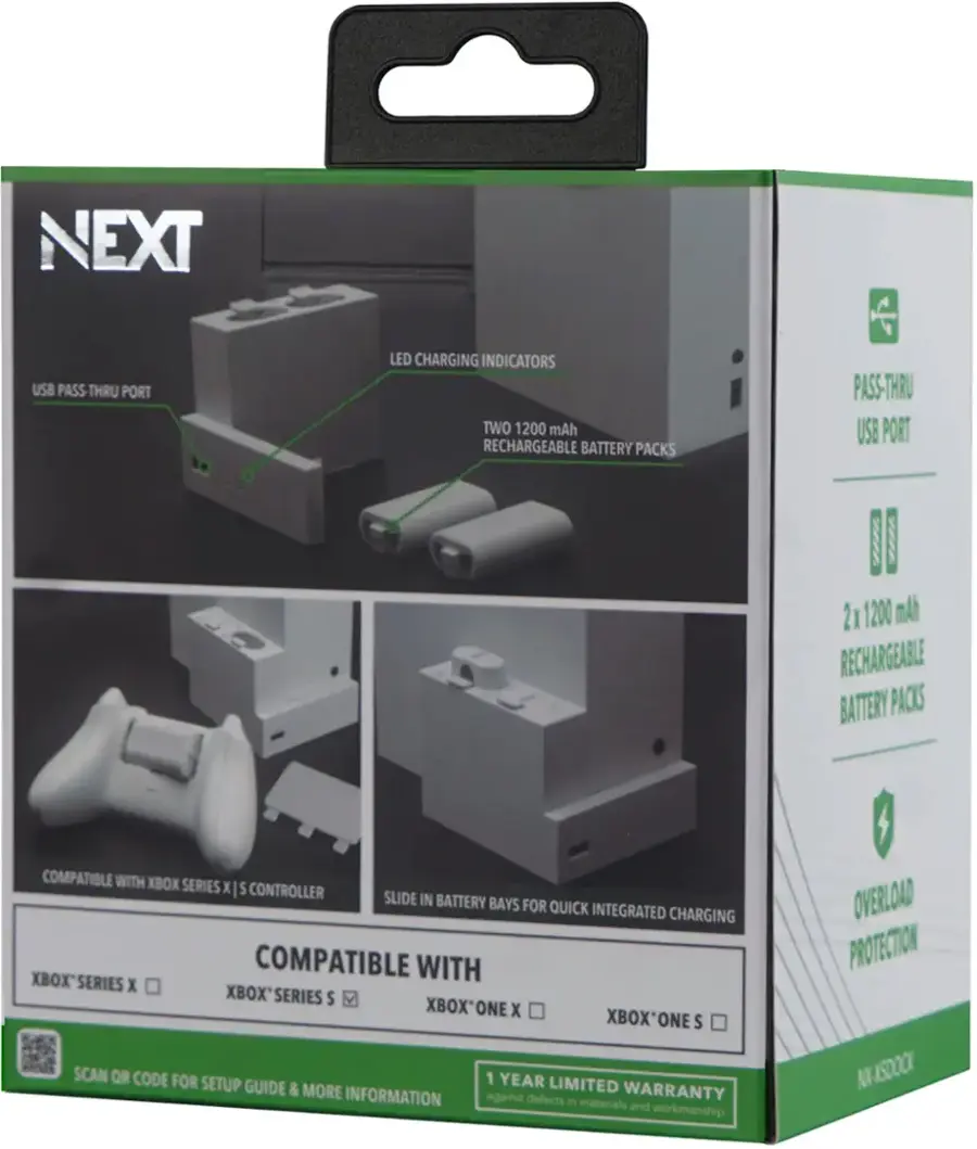 NEXT USB PASS-THRU PORT LED CHARGING INDICATORS TWO 1200 mAh RECHARGEABLE BATTERY PACKS PASS-THRU USB PORT 2 X 1200 mAh RECHARGEABLE BATTERY PACKS COMPATIBLE WITH XBOX SERIES X S CONTROLLER SLIDE IN BATTERY BAYS FOR QUICK INTEGRATED CHARGING COMPATIBLE WITH XBOX SERIES X XBOX SERIES S XBOX ONE X XBOX ONE S SCAN QR CODE FOR 1 YEAR SETUP GUIDE & MORE LIMITED WARRANTY INFORMATION against defects in materials and workmanship OVERLOAD PROTECTION NO-ASDOCK