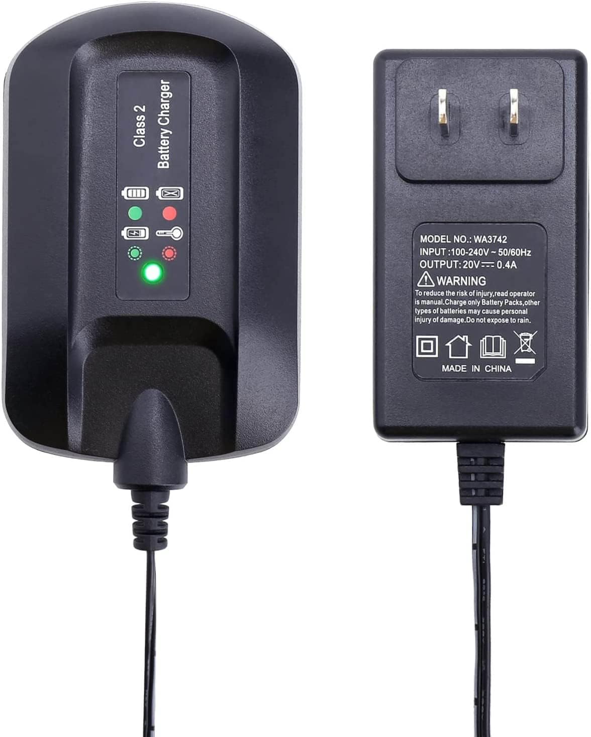The text on the image reads: "Class 2 Charger Battery Model No.: WA3742 Input: 100-240V -50/60Hz Output: 20V 0.4A Warning: To reduce the risk of injury, read the operator's manual. Charge only Battery Packs, other types of batteries may cause personal injury or damage. Do not expose to rain. Made in China."