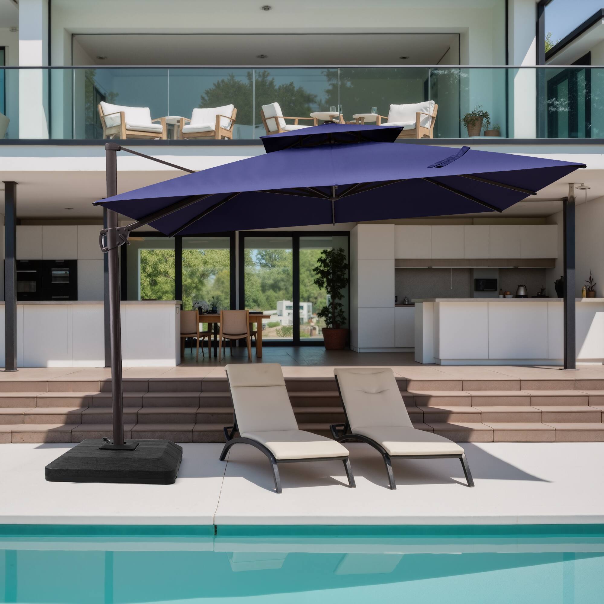 Alt View 1. Crestlive Products - Crestlive Products 11x11ft Aluminum Double Top Crank Cantilever Patio Umbrella with Base - Navy blue.