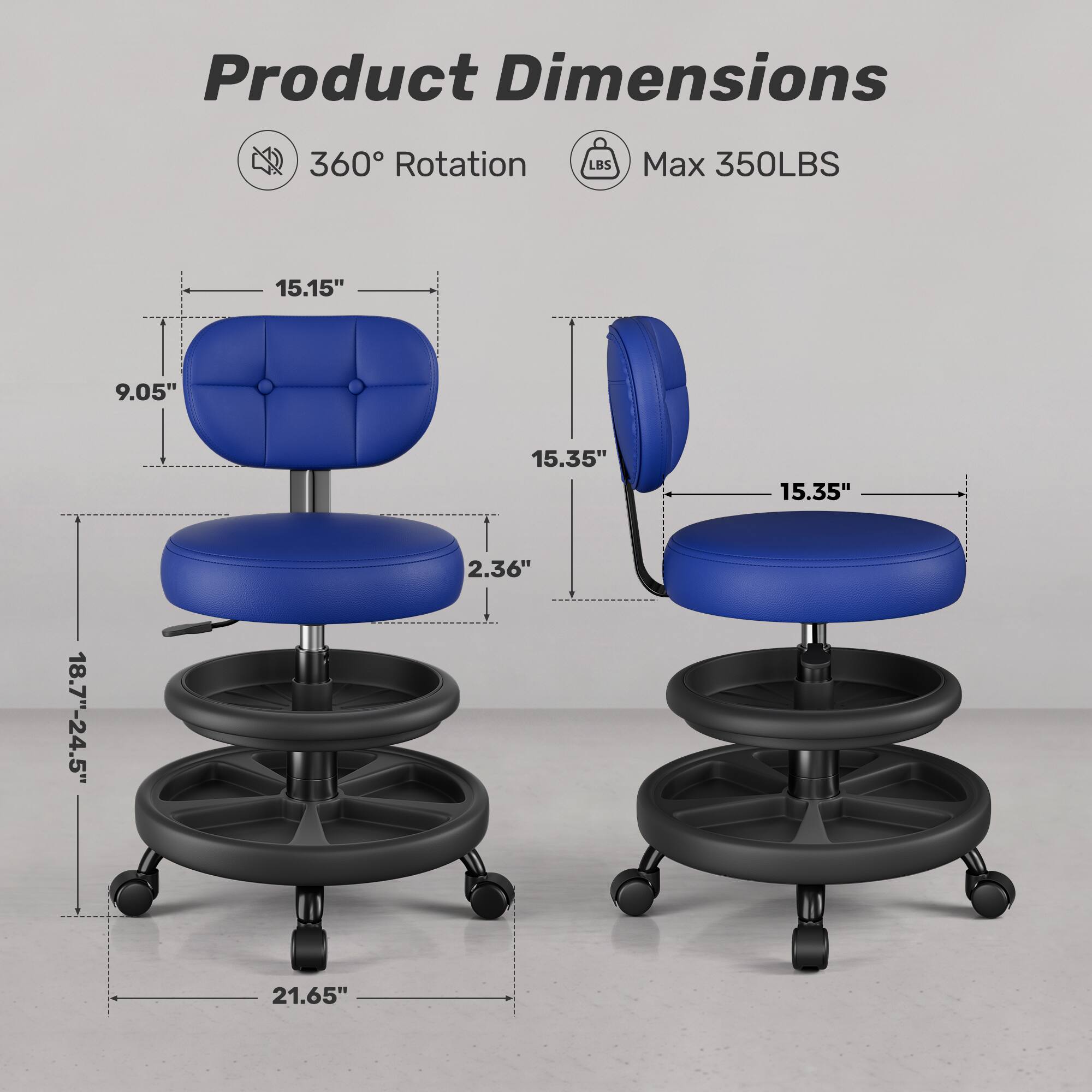 Product Dimensions  
360° Rotation  
LBS  
Max 350LBS  
15.15"  
9.05"  
18.7"-24.5"  
15.35"  
2.36"  
15.35"  
21.65"