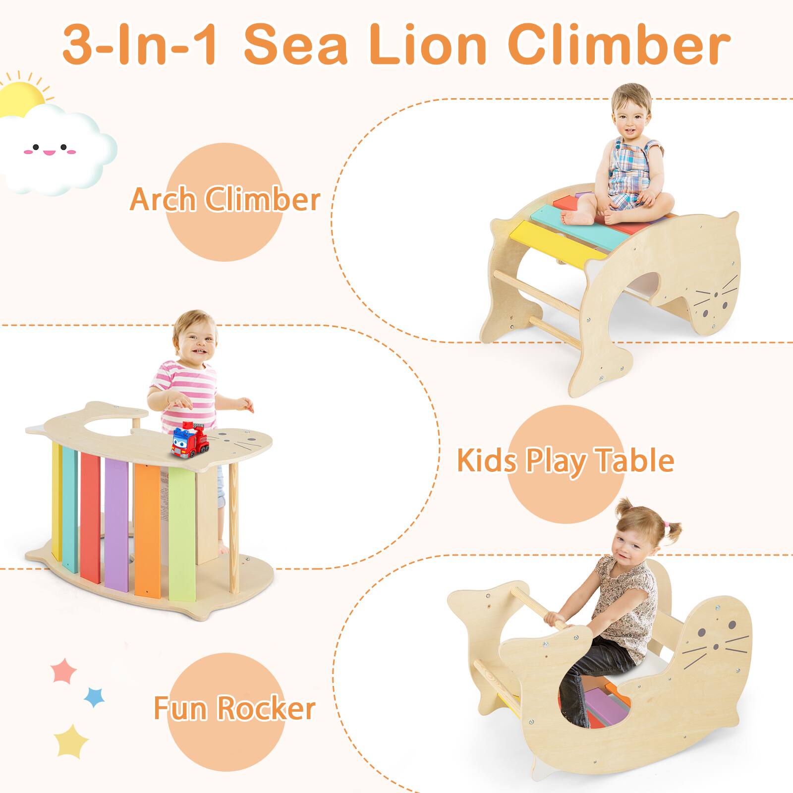 3-In-1 Sea Lion Climber

- Arch Climber
- Kids Play Table
- Fun Rocker
