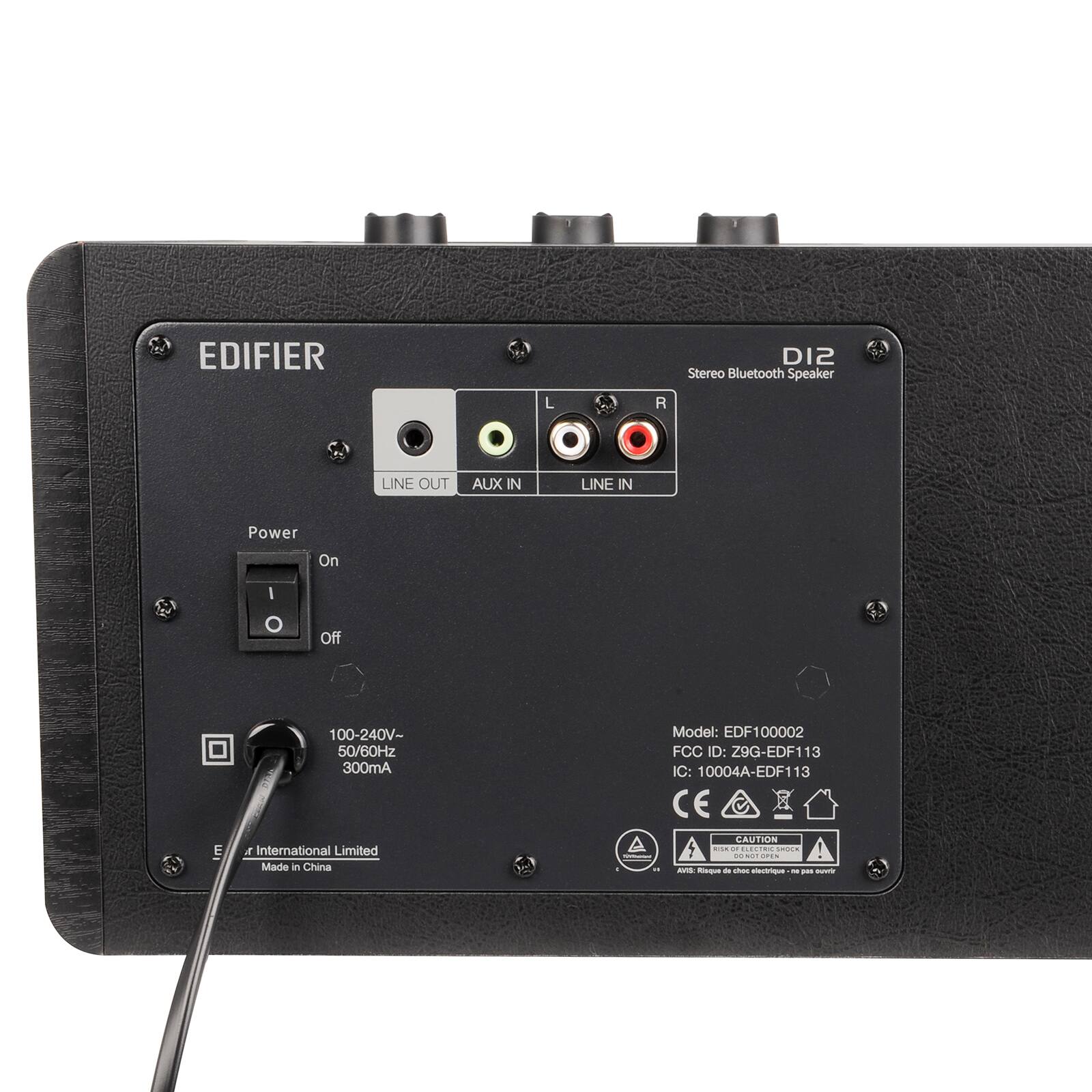 EDIFIER DI2 Stereo Bluetooth Speaker

L R LINE OUT AUX IN LINE IN

Power On / Off

100-240V~ 50/60Hz 300mA

Model: EDF100002

FCC ID: Z9G-EDF113

IC: 10004A-EDF113

E & International Limited

Made in China

CAUTION

Model: EDF100002

FCC ID: Z9G-EDF113

IC: 10004A-EDF113

CE

CAUTION

Made in China