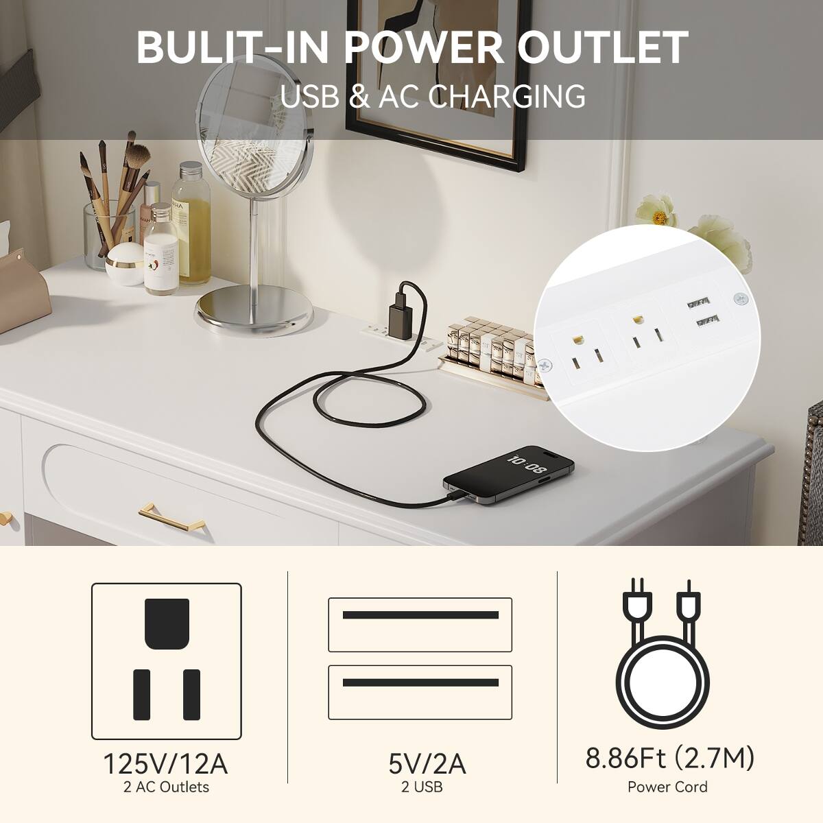 BUILT-IN POWER OUTLET USB & AC CHARGING

10 08
125V/12A 2 AC Outlets
5V/2A 2 USB
8.86Ft (2.7M) Power Cord