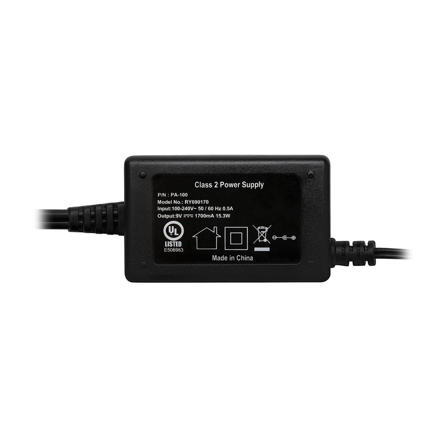 Class 2 Power Supply  
P/N: PA-100  
Model No.: RY090170  
Input: 100-240V~ 50/60 Hz 0.5A  
Output: 9V === 1700mA 15.3W  
UL LISTED 506963  
Made in China