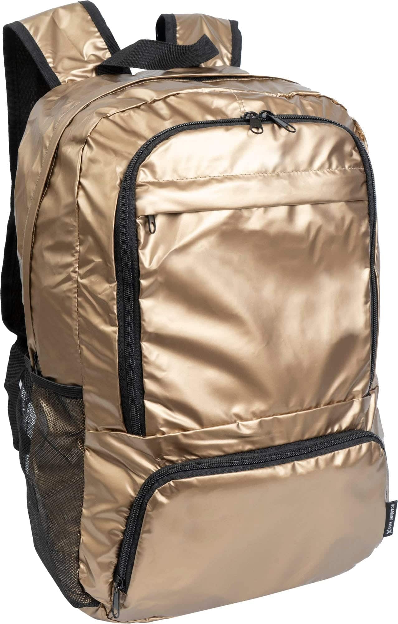 Boarding Pass - Recycled Nylon Metallic Foldable & Packable Pouch Multi Compartment Backpack - Gold
