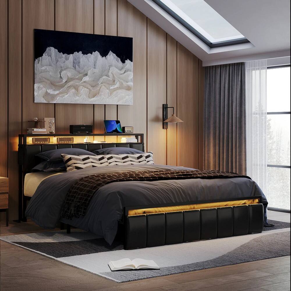 Alt View 11. Bestier - Gaming Bed Frame Storage Platform Bed with Charging Station Headboard and LED Lights King - Black.