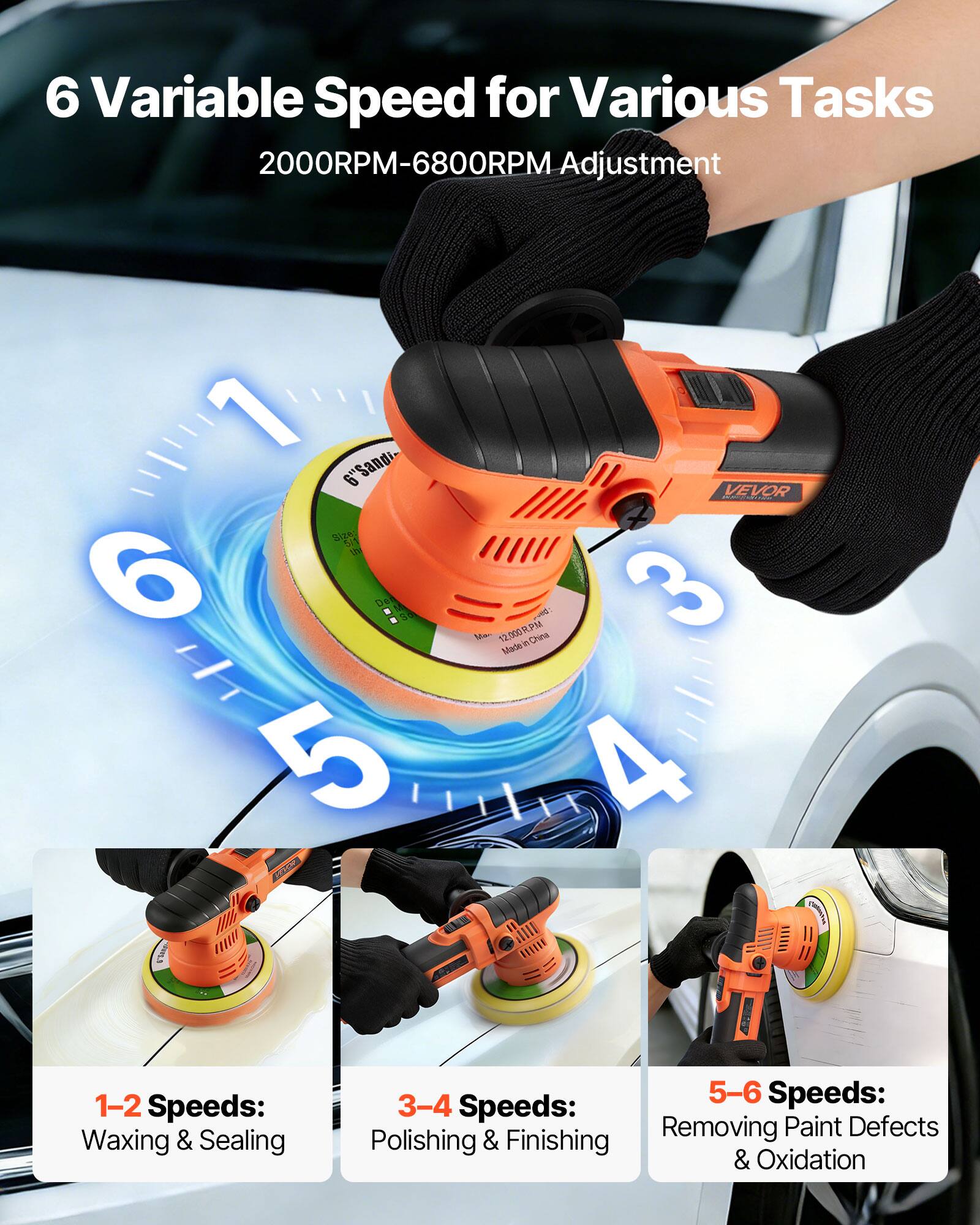 6 Variable Speed for Various Tasks  
2000RPM-6800RPM Adjustment  

1-2 Speeds: Waxing & Sealing  
3-4 Speeds: Polishing & Finishing  
5-6 Speeds: Removing Paint Defects & Oxidation