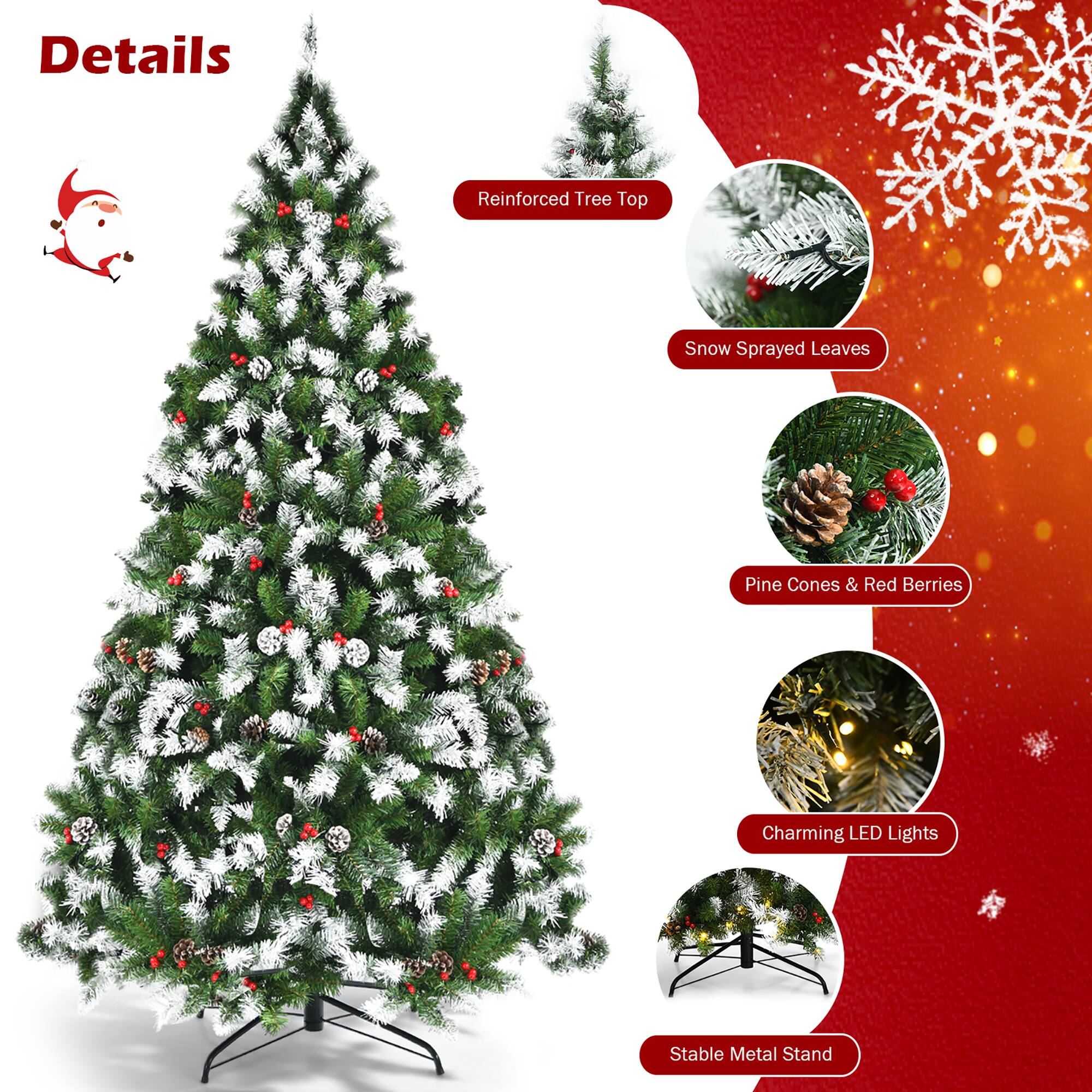 Details: Reinforced Tree Top, Snow Sprayed Leaves, Pine Cones & Red Berries, Charming LED Lights, Stable Metal Stand.
