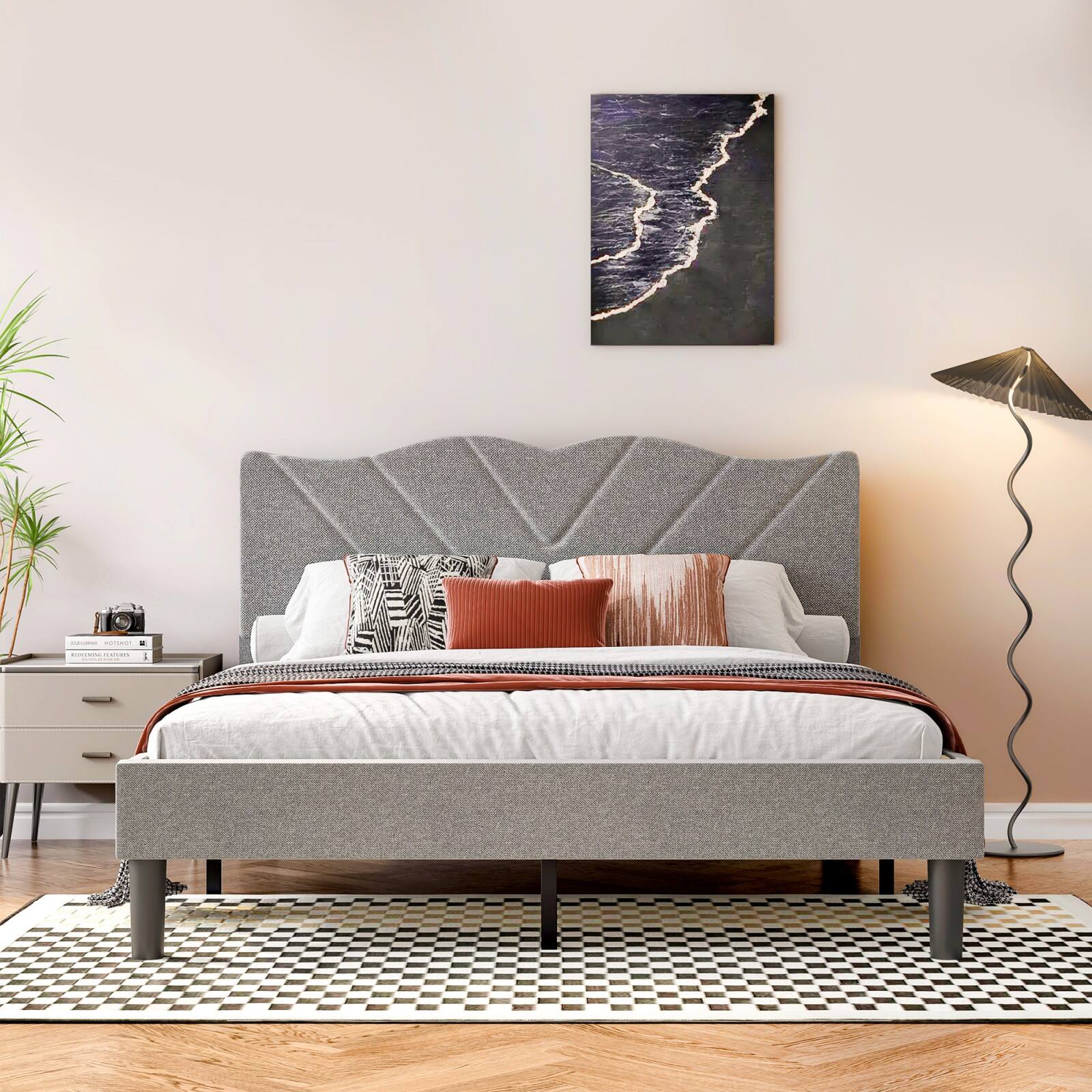 Alt View 1. Ecooso - Queen Size Modern Platform Bed Frame with Upholstered Headboard & Wooden Slats - No Box Spring Needed, Easy Assembly - Grey.