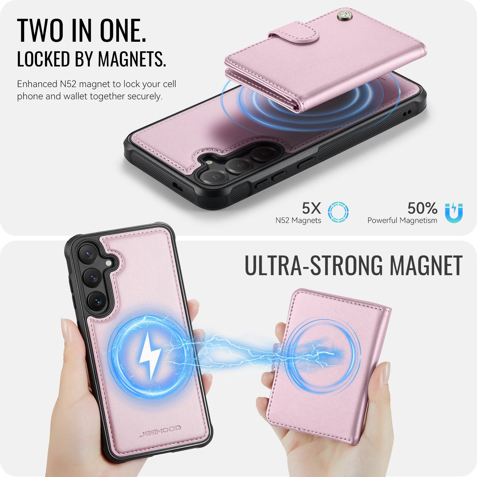 TWO IN ONE.  
LOCKED BY MAGNETS.  
Enhanced N52 magnet to lock your cell phone and wallet together securely.  

5X N52 Magnets  
50% Powerful Magnetism  

ULTRA-STRONG MAGNET