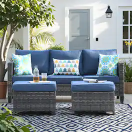 Ovios - 3 PCS Patio Furniture Wicker Sofa Couch with Ottoman for Garden Porch Deck - Denim Blue