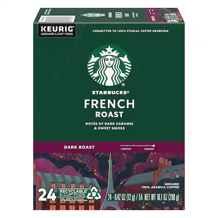 CE I EURIG GENUINE K-CUP PODS
COMMITTED TO 100% ETHICAL COFFEE SOURCING
STARBUCKS FRENCH ROAST
NOTES OF DARK CARAMEL & SWEET SMOKE
DARK ROAST
LIGHTEST DARKEST
24 RECYCLABLE K-CUP PODS
PEEL EMPTY, RECYCLE
100% ARABICA COFFEE
24 - 0.42 OZ (12 g)/EA
NET WT 10.1 OZ (288 g)