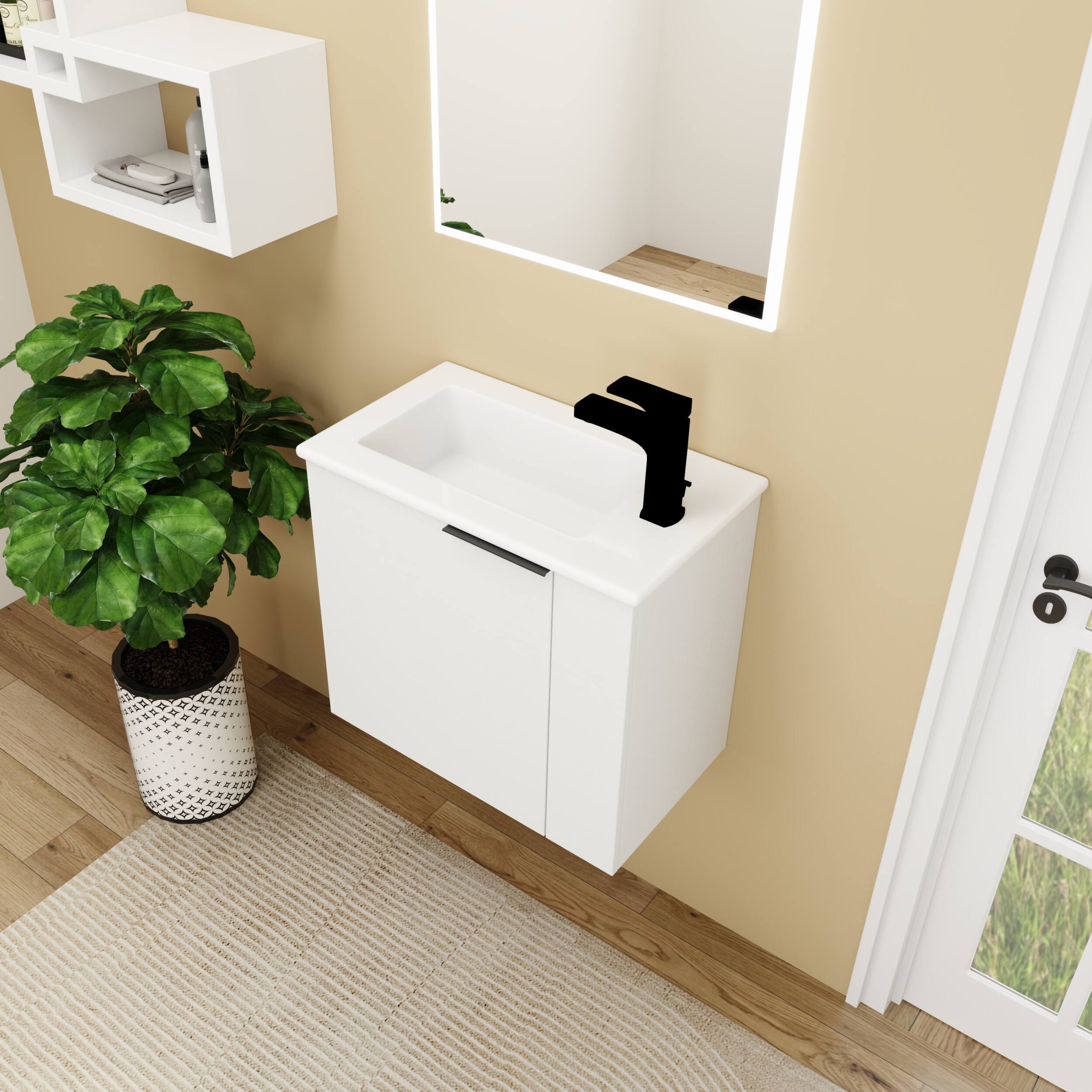 Left. ELEMENT ACE - Compact Floating Bathroom Vanity with Ceramic Sink and Soft Close Doors Perfect for Small Spaces - White.